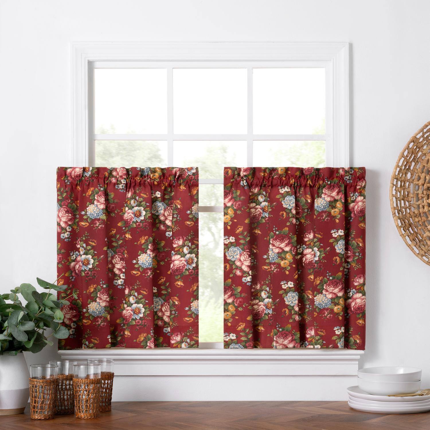 Angle. Ellis Curtain - Ellis Bella Rose Stylish Medium Scale Printed Floral Pattern 1.5" Rod Pocket Tier for Windows 56"x24" Red - Red.