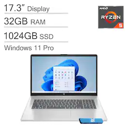 HP - 17 17.3" FHD Laptop - AMD Ryzen 5 with 32GB Memory - 1TB SSD - Numeric Pad - Fast Charge - Windows 11 Pro - Silver