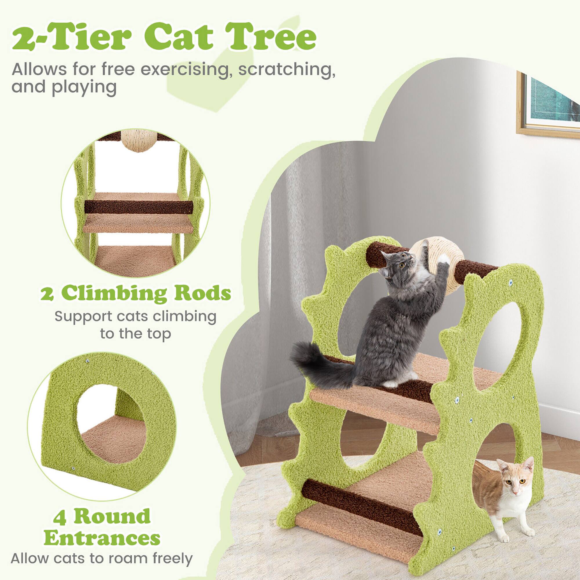 2-Tier Cat Tree  
Allows for free exercising, scratching, and playing  

2 Climbing Rods  
Support cats climbing to the top  

4 Round Entrances  
Allow cats to roam freely
