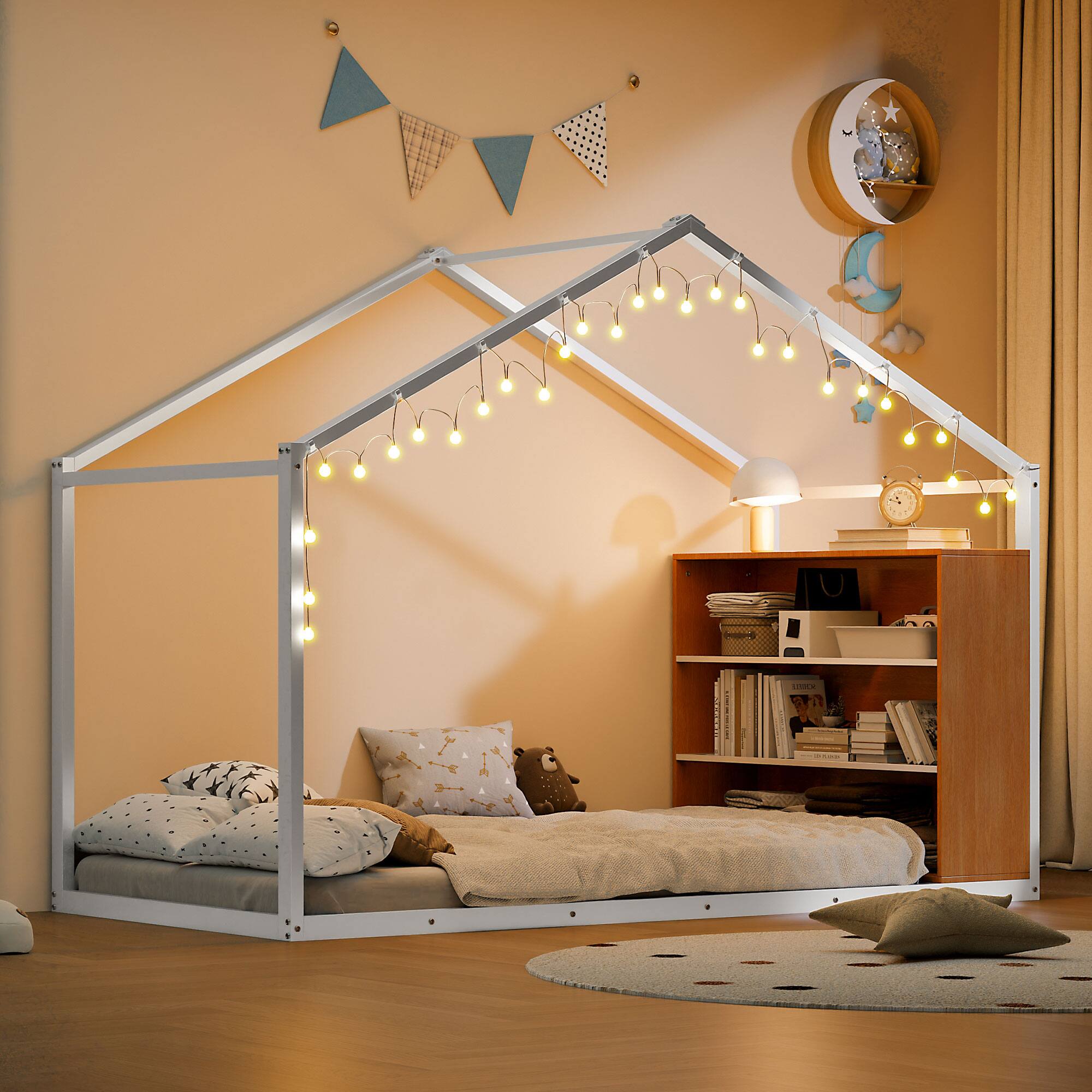 Angle. GOODSILO - Twin Size Metal Bed House Bed Frame with Shelves and Lights - White.