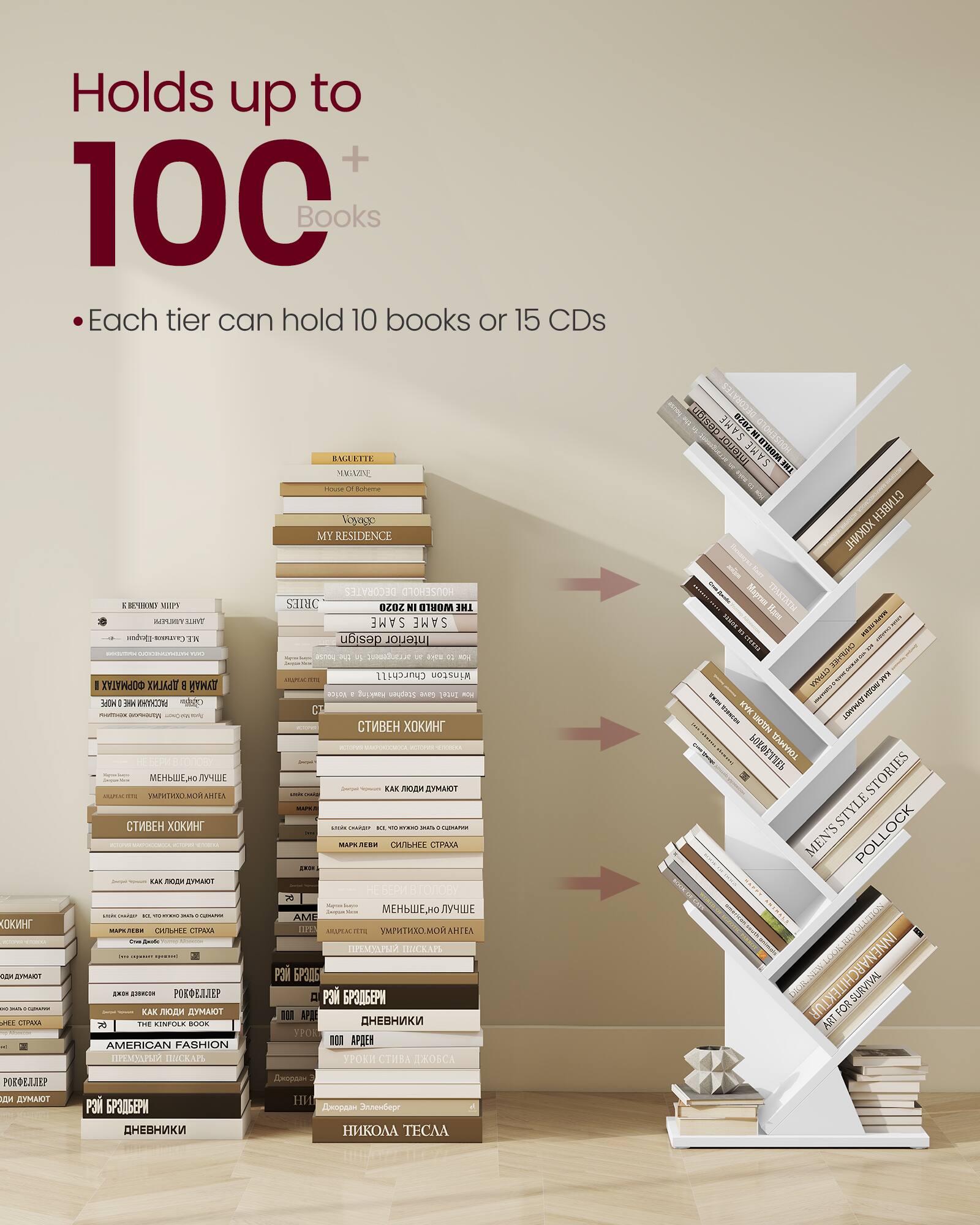 Holds up to 100+ Books  
Each tier can hold 10 books or 15 CDs