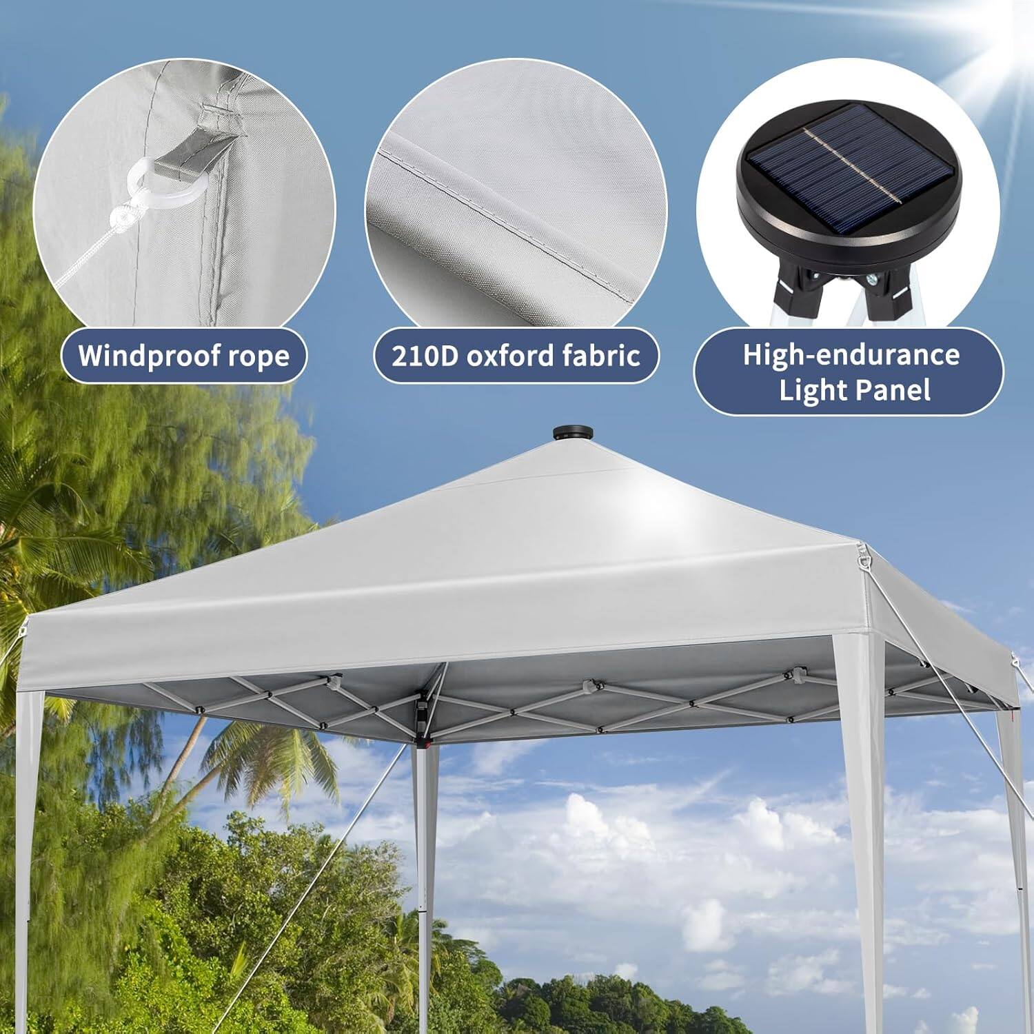 Windproof rope  
210D oxford fabric  
High-endurance Light Panel