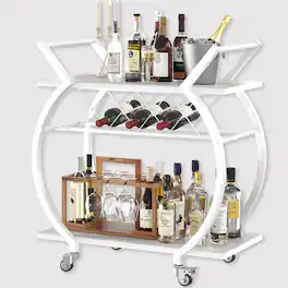 JETRANSPORT - White Bar Cart Modern Rolling Serving Wine With Storage Industrial Wood Metal Kitchen Island Beverage - White Oak