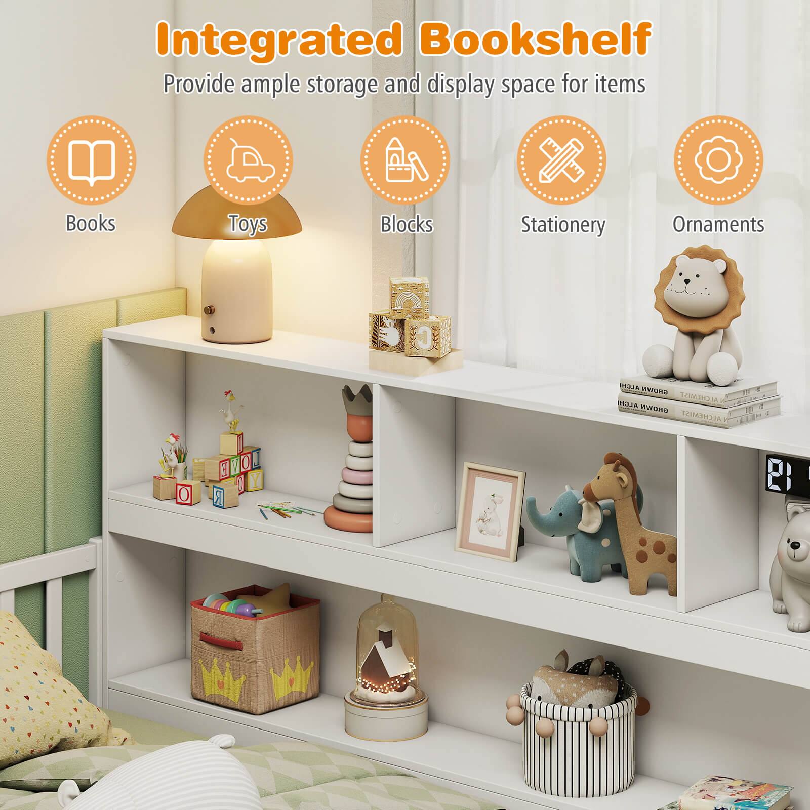 Integrated Bookshelf Provide ample storage and display space for items such as books, toys, blocks, stationery, ornaments, and more.
