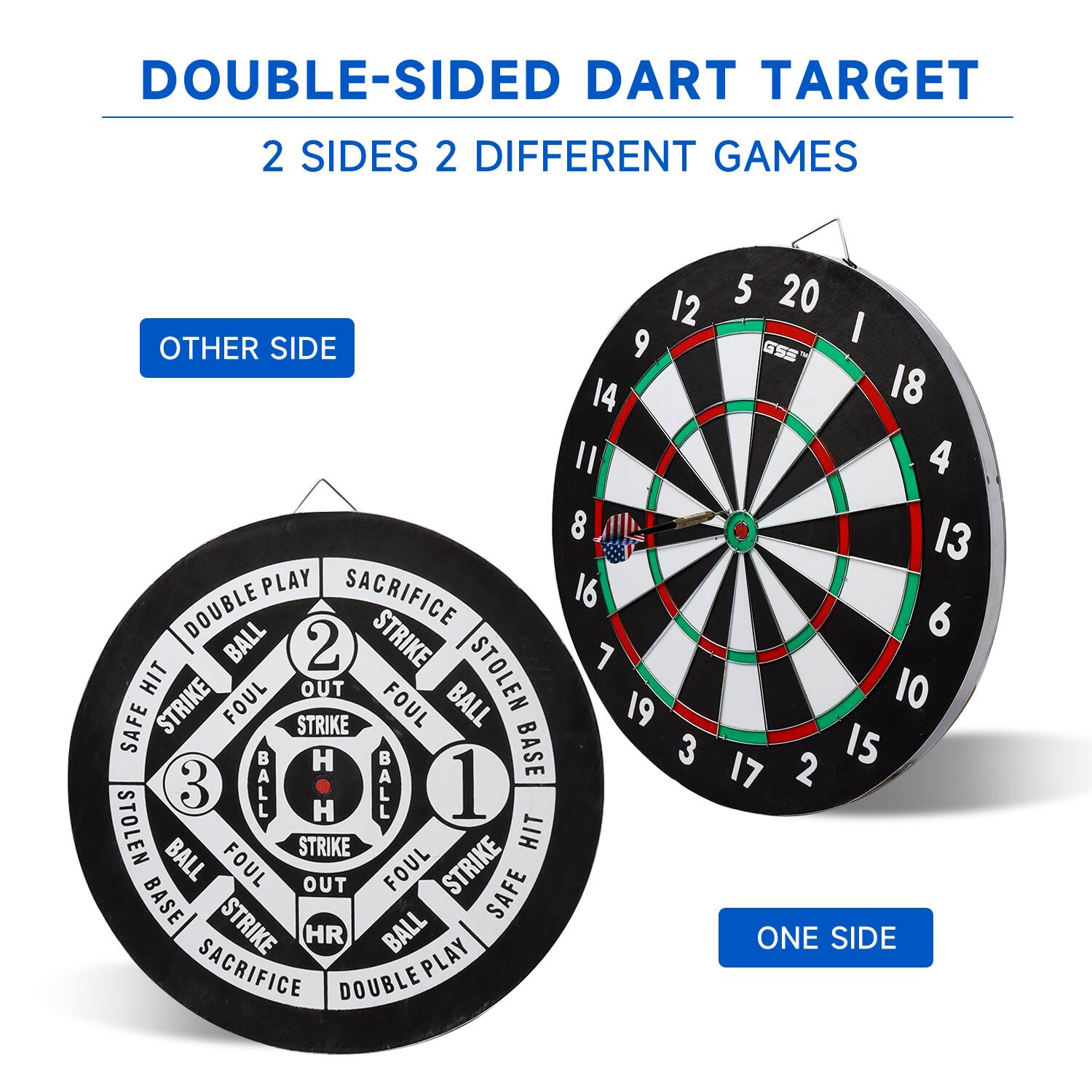 DOUBLE-SIDED DART TARGET 2 SIDES 2 DIFFERENT GAMES

OTHER SIDE
5 20 12 9 GSS 14 18 II 4 8 13 PLAY SACRIFICE 16 DOUBLE BALL STRIKE 6 2 STOLEN HIT OUT OI STRIKE FOUL STRIKE FOUL BALL 19 SAFE BASE 3 15 H 17 2 3 E i 1 H STOLEN BALL FOUL STRIKE FOUL STRIKE HIT OUT SAFE BASE STRIKE HR BALL

ONE SIDE
5 20 12 9 GSS 14 18 II 4 8 13 PLAY SACRIFICE 16 DOUBLE BALL STRIKE 6 2 STOLEN HIT OUT OI STRIKE FOUL STRIKE FOUL BALL 19 SAFE BASE 3 15 H 17 2 3 E i 1 H STOLEN BALL FOUL STRIKE FOUL STRIKE HIT OUT SAFE BASE STRIKE HR BALL