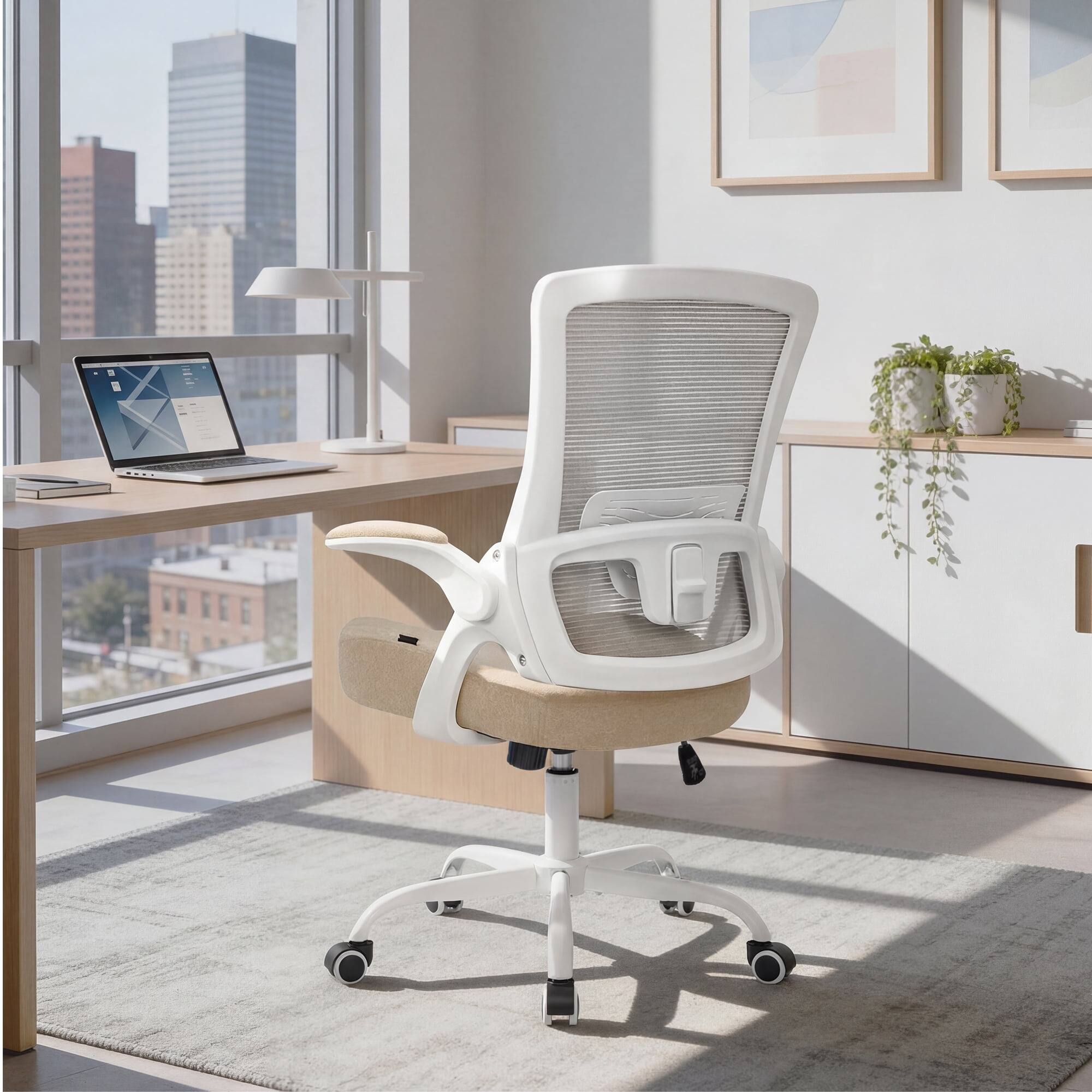 Alt View 7. Neo Chair - Office Chair High Back Desk Mesh Chair Comfy Computer Seat with Adjustable Ergonomic Lumbar Rolling Flip-up Armrests - Steel Base-Beige.
