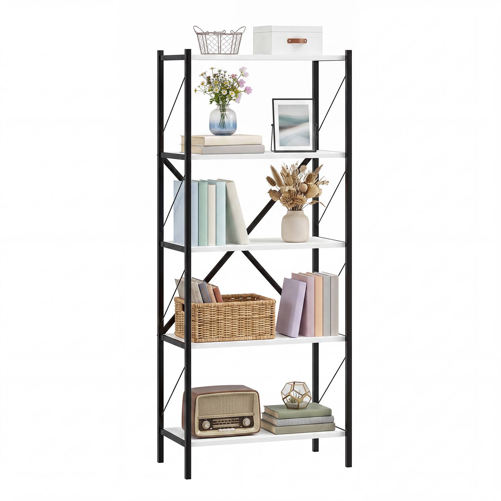 Front. Costway - Costway 1 PCS 5-Tier Tall Bookshelf, Industrial Bookcase with Heavy-Duty Metal Frame for Home - White.