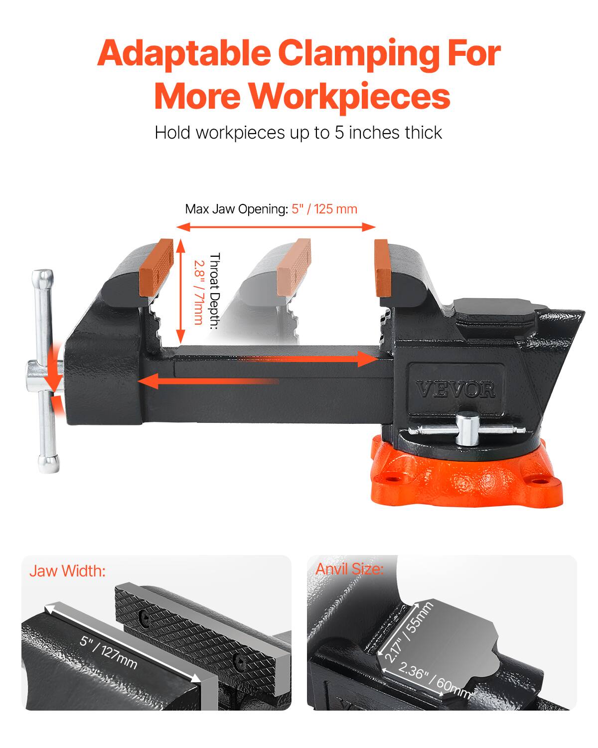 Adaptable Clamping For More Workpieces  
Hold workpieces up to 5 inches thick  

Max Jaw Opening: 5" / 125 mm  
Throat Depth: 2.8" / 71 mm  
Jaw Width: 5" / 127 mm  
Anvil Size: 2.17" / 55 mm, 2.36" / 60 mm