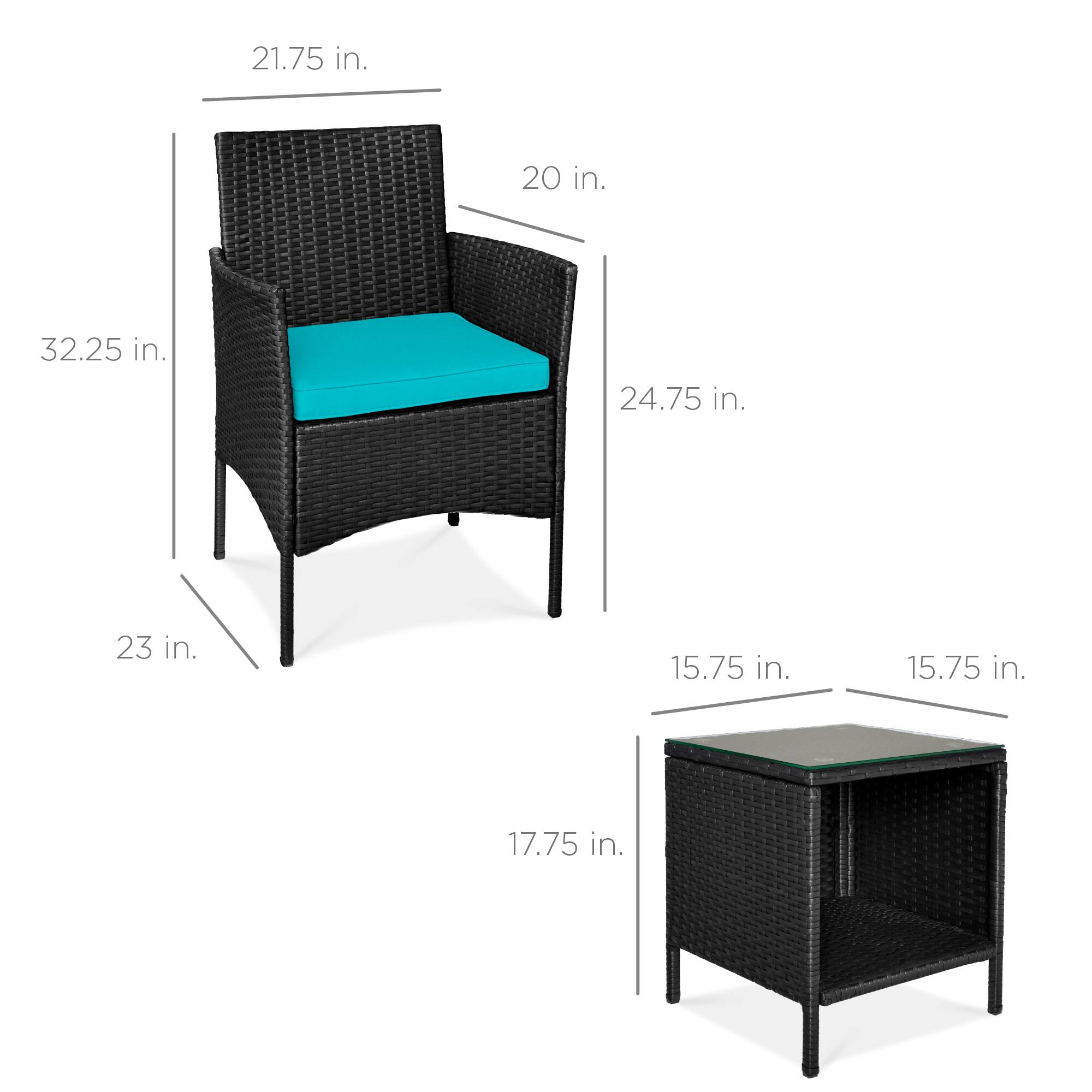 - Chair:
  - Height: 32.25 in.
  - Width: 24.75 in.
  - Depth: 23 in.
  - Seat Height: 17.75 in.
  - Back Height: 21.75 in.
  - Armrest Height: 20 in.

- Table:
  - Height: 17.75 in.
  - Width: 15.75 in.
  - Depth: 15.75 in.