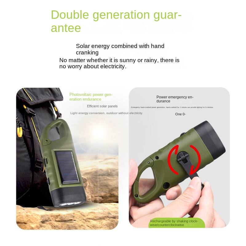 Double generation guarantee

Solar energy combined with hand cranking  
No matter whether it is sunny or rainy, there is no worry about electricity.

Photovoltaic power generation endurance  
Efficient solar panels  
Light energy conversion, outdoor without electricity

Power emergency endurance  
Emergency hand-cranked power generation, hand-cranked for 1 minute can provide lighting for 8 minutes  
One 0- Rechargeable by shaking clockwise/counterclockwise