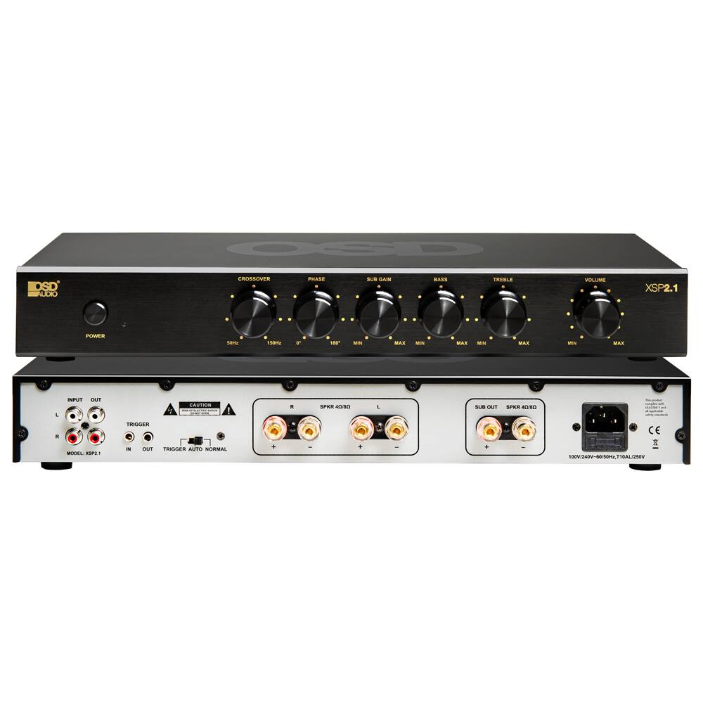 OSD AUDIO  
CROSSOVER  
PHASE  
SUB GAIN  
BASS  
TREBLE  
VOLUME  
XSP2.1  
POWER  
51Hz  
150Kz  
MIN  
MAX  
MN  
MAX  
WIN  
MAX  
MIN  
MAX  
L  
INPUT OUT  
CAUTION  
R  
SPKR 40/80  
PRODUCT -  
TRIGGER  
R  
MODEL: XSP2.1  
N  
OUT TRIGGER AUTO NORMAL  
+  
+  
+  
100V(24DV-60/50Hz,T10AL/250V