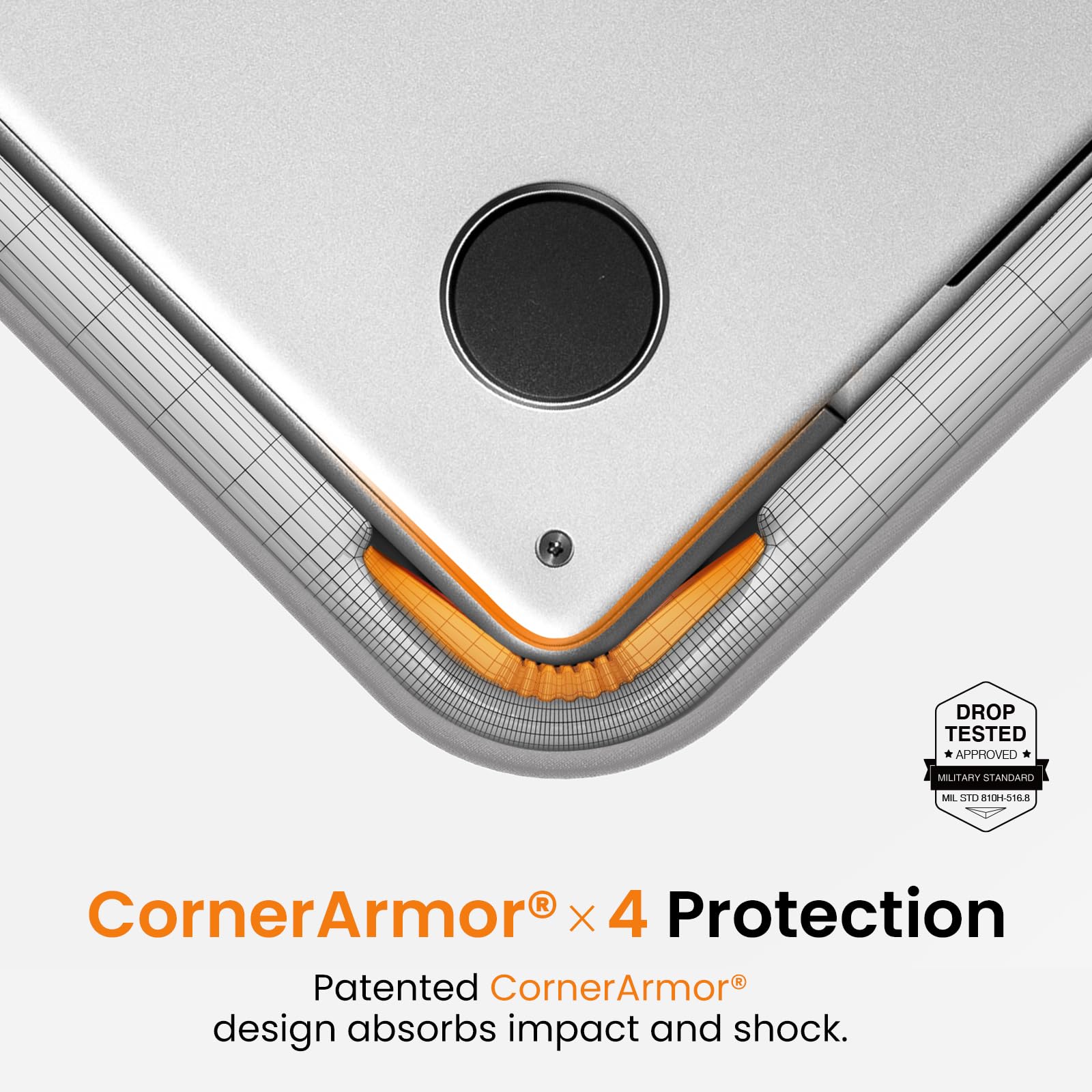 DROP TESTED APPROVED  
MILITARY STANDARD  
MIL STD 810H-516.8  

CornerArmor® x 4 Protection  
Patented CornerArmor® design absorbs impact and shock.
