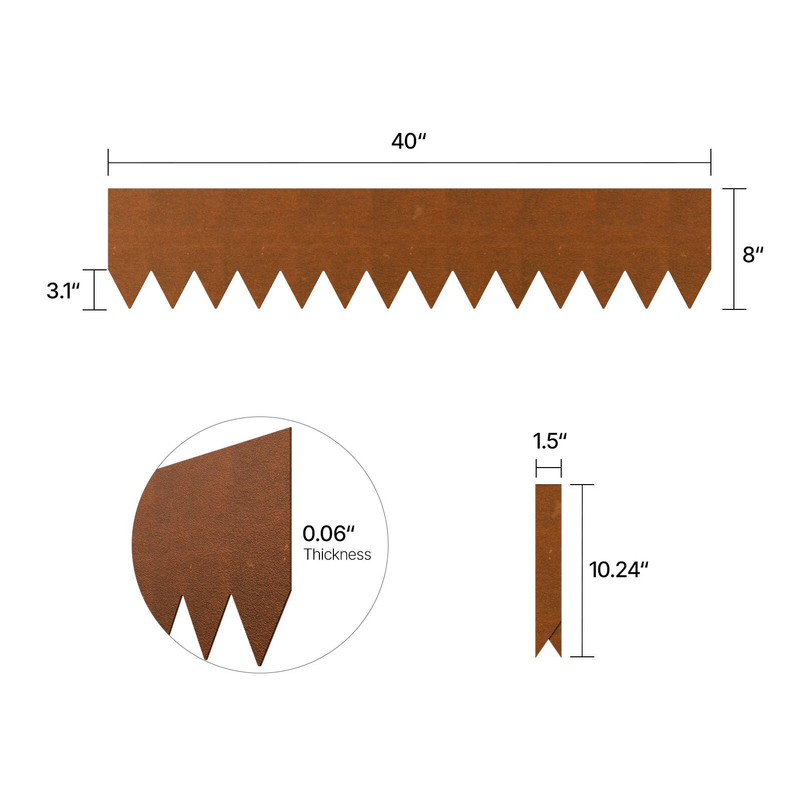 40", 8", 3.1", 1.5", 10.24", 0.06" Thickness