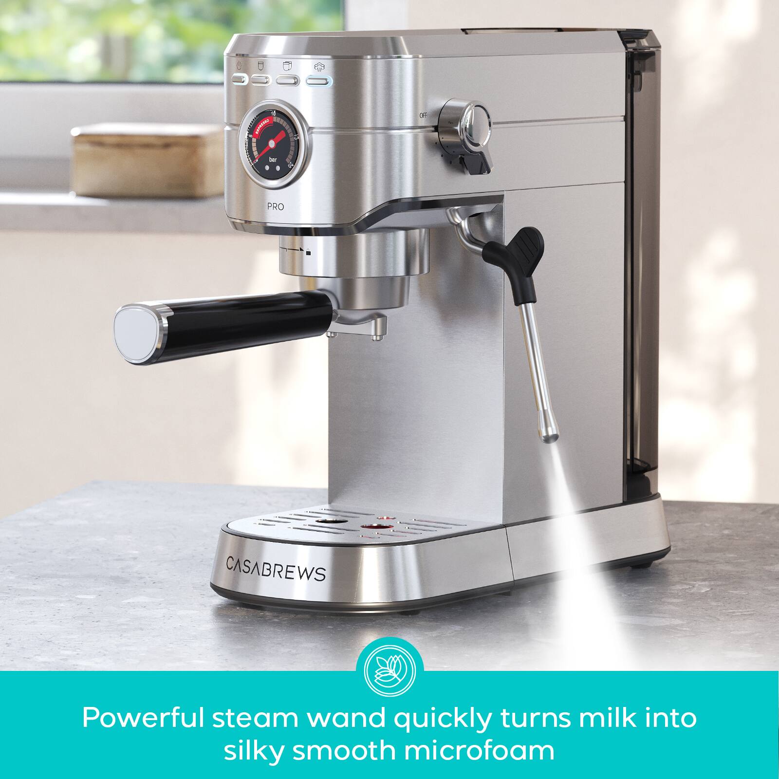 Powerful steam wand quickly turns milk into silky smooth microfoam
