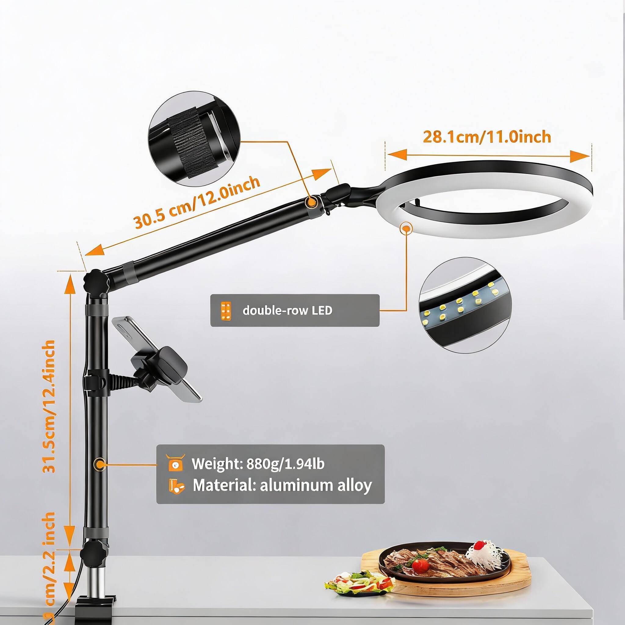 30.5 cm/12.0 inch  
28.1 cm/11.0 inch  
31.5 cm/12.4 inch  
31 cm/12.2 inch  

Weight: 880g/1.94lb  
Material: aluminum alloy  

double-row LED
