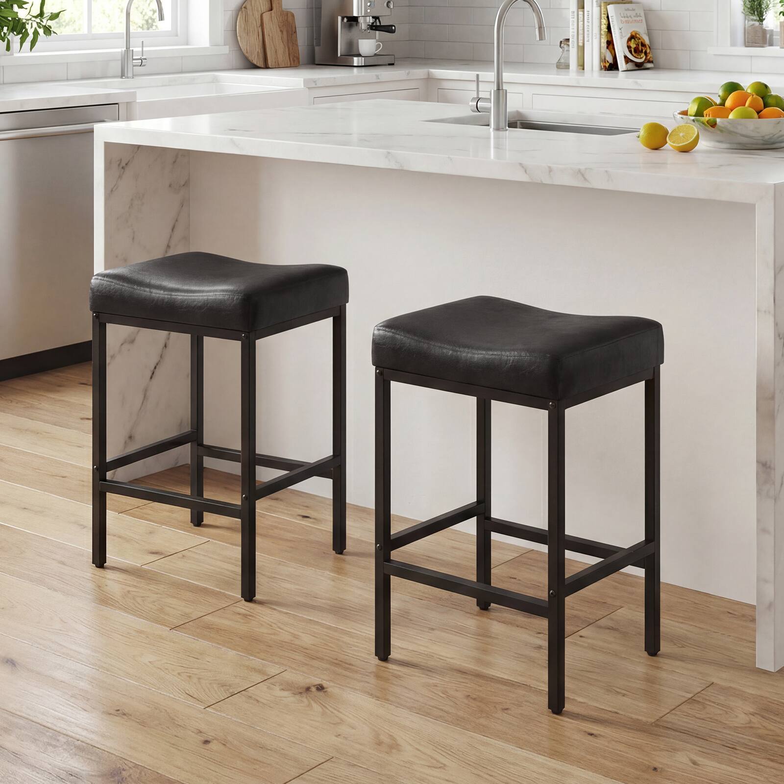 Alt View 8. Gymax - Gymax Bar Stools Set of 4 25'' Faux Leather Upholstered Saddle Stools w/ Metal Legs - Black.