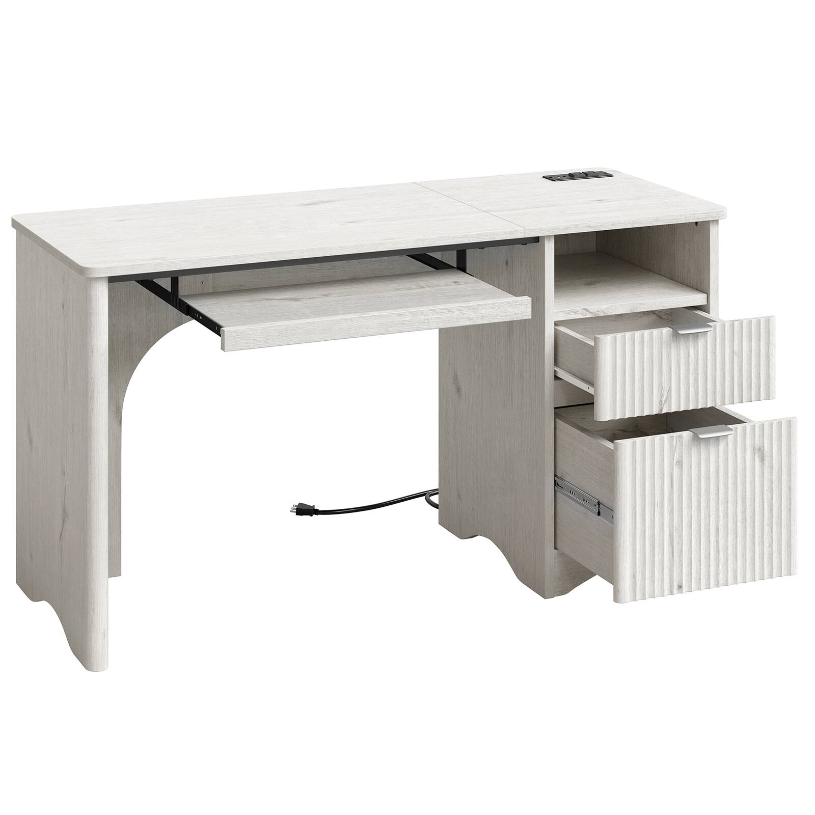 Alt View 4. Bestier - 55 Inch Fluted Computer Office Desk with Keyboard Tray Power Outlets and 2 Storage Drawers - White.