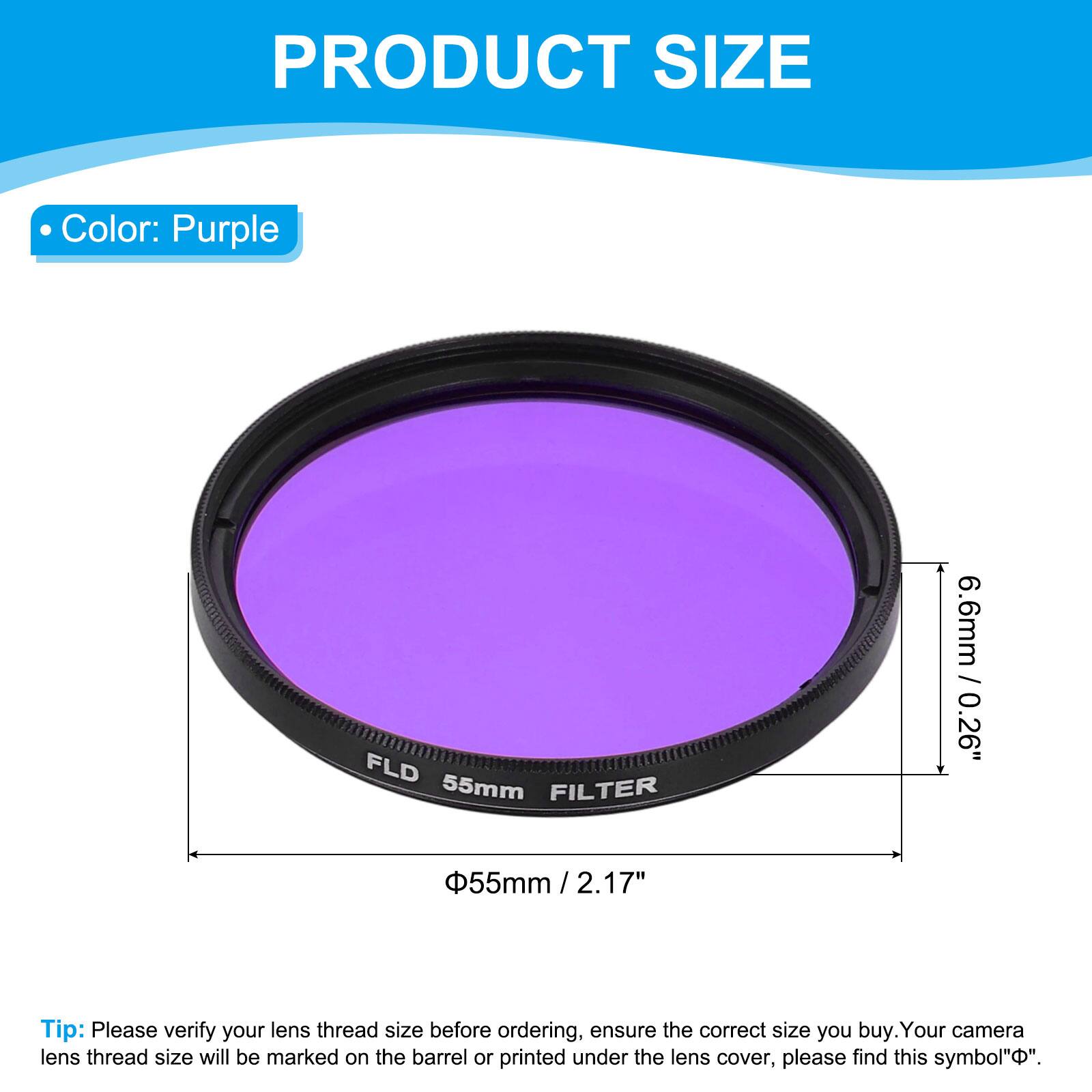 PRODUCT SIZE

- Color: Purple

FLD 55mm FILTER

6.6mm / 0.26"

Φ55mm / 2.17"

Tip: Please verify your lens thread size before ordering, ensure the correct size you buy. Your camera lens thread size will be marked on the barrel or printed under the lens cover, please find this symbol "Φ".