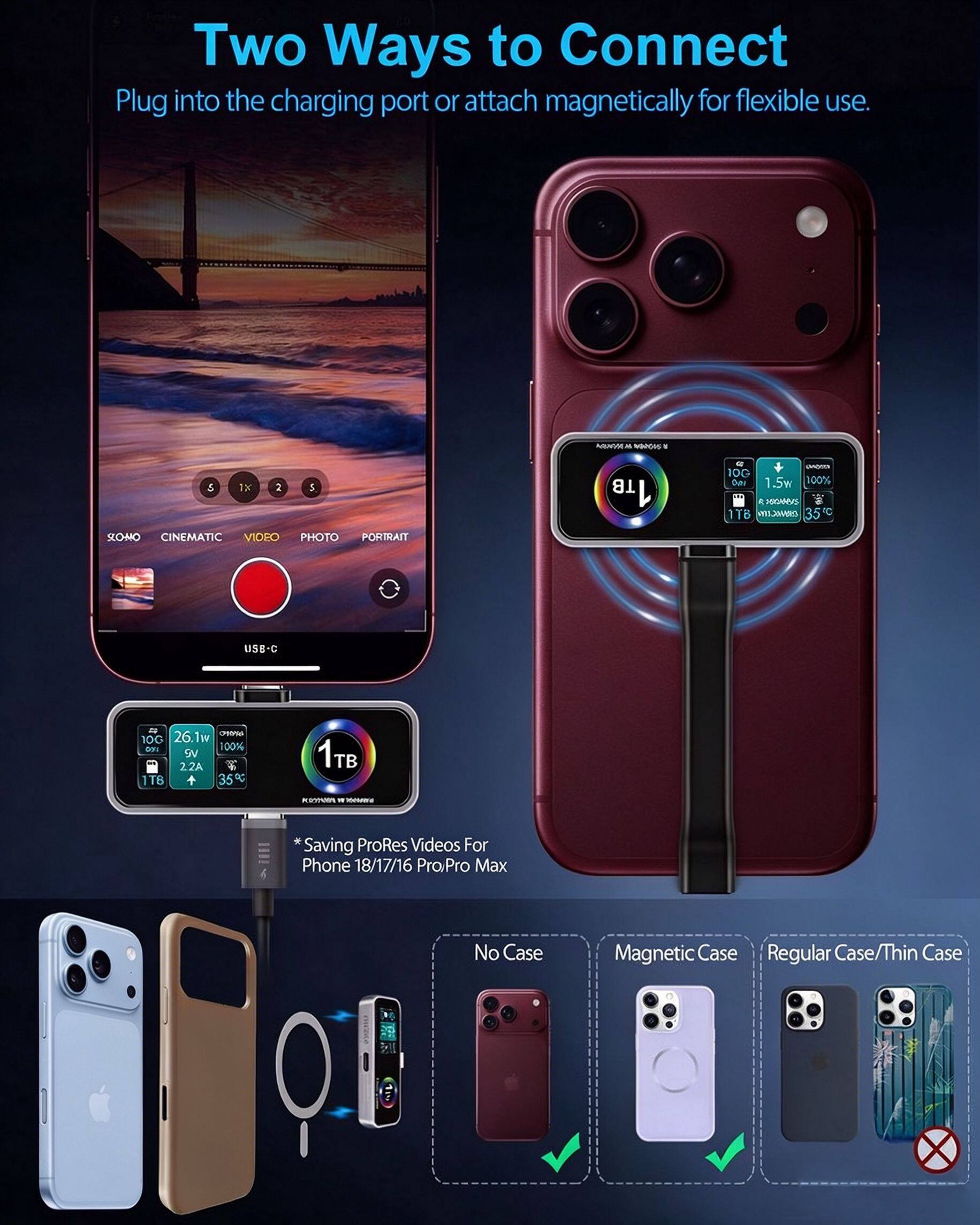 Two Ways to Connect  
Plug into the charging port or attach magnetically for flexible use.

ANNIVAL M WHOLE I  
5 IX 2 S SLOMO CINEMATIC VIDEO PHOTO PORTRAIT  
TB  
SPGMAN 100 Over 1.5w 100% KC 150MVS 1T8 CORNIC.COM 35  
USB-C  
26.1w 10G 091 100% SN 22A $ 1T8 35%  
1TB  
POSTAGE " -  
*Saving ProRes Videos For Phone 18/17/16 Pro/Pro Max  
No Case  
Magnetic Case Regular Case/Thin Case