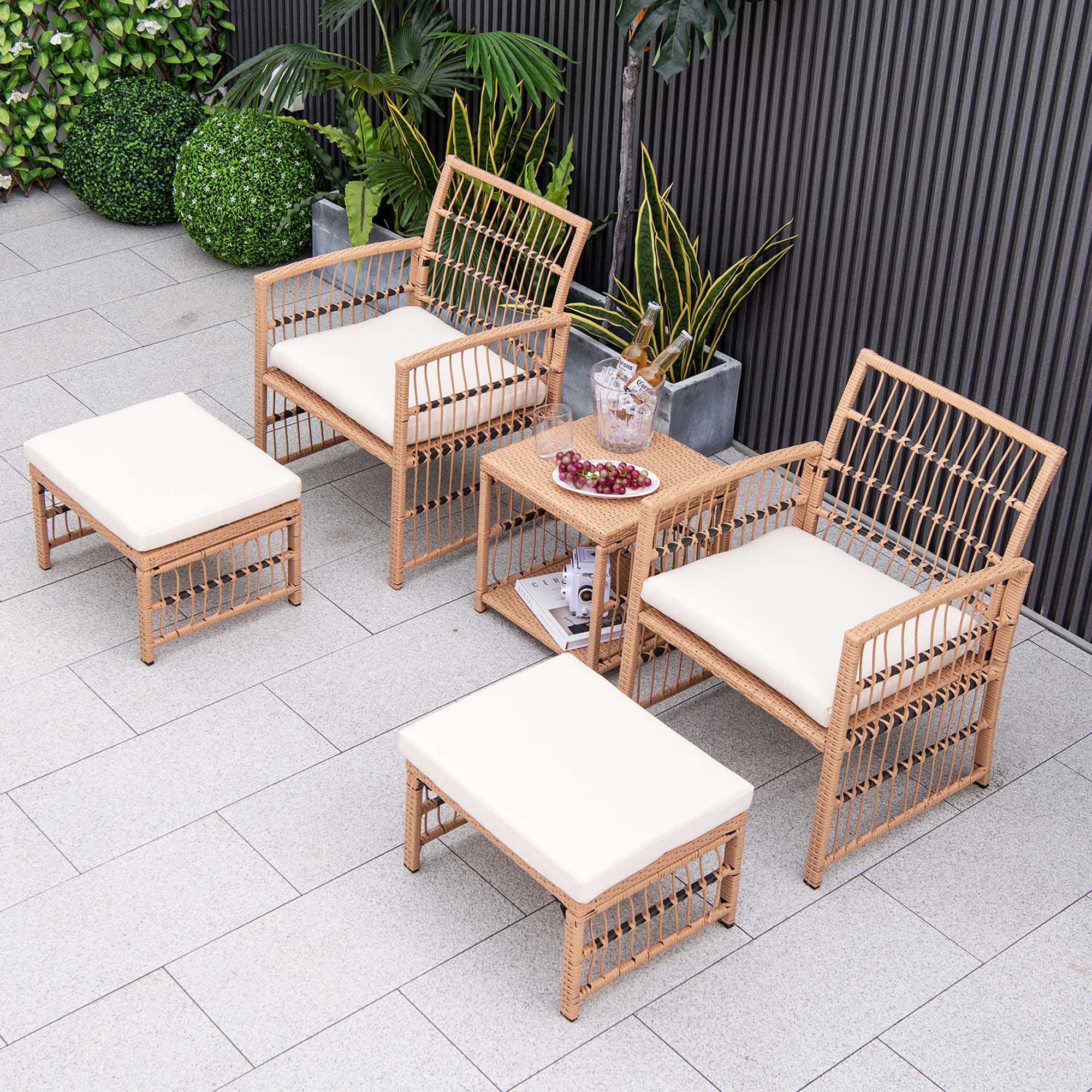 Alt View 3. Costway - Costway 5 Piece Patio Rattan Wicker Conversation Set with 2-Tier Coffee Table & 2 Ottomans - Natural,Off White.