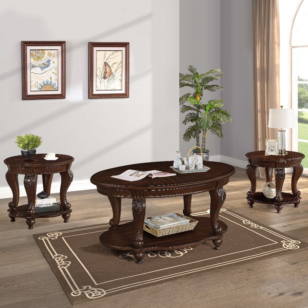 Loheer - 3-Piece Coffee Table Set Wood Antique Oval Table - Cherry price history on PriceWatchPro