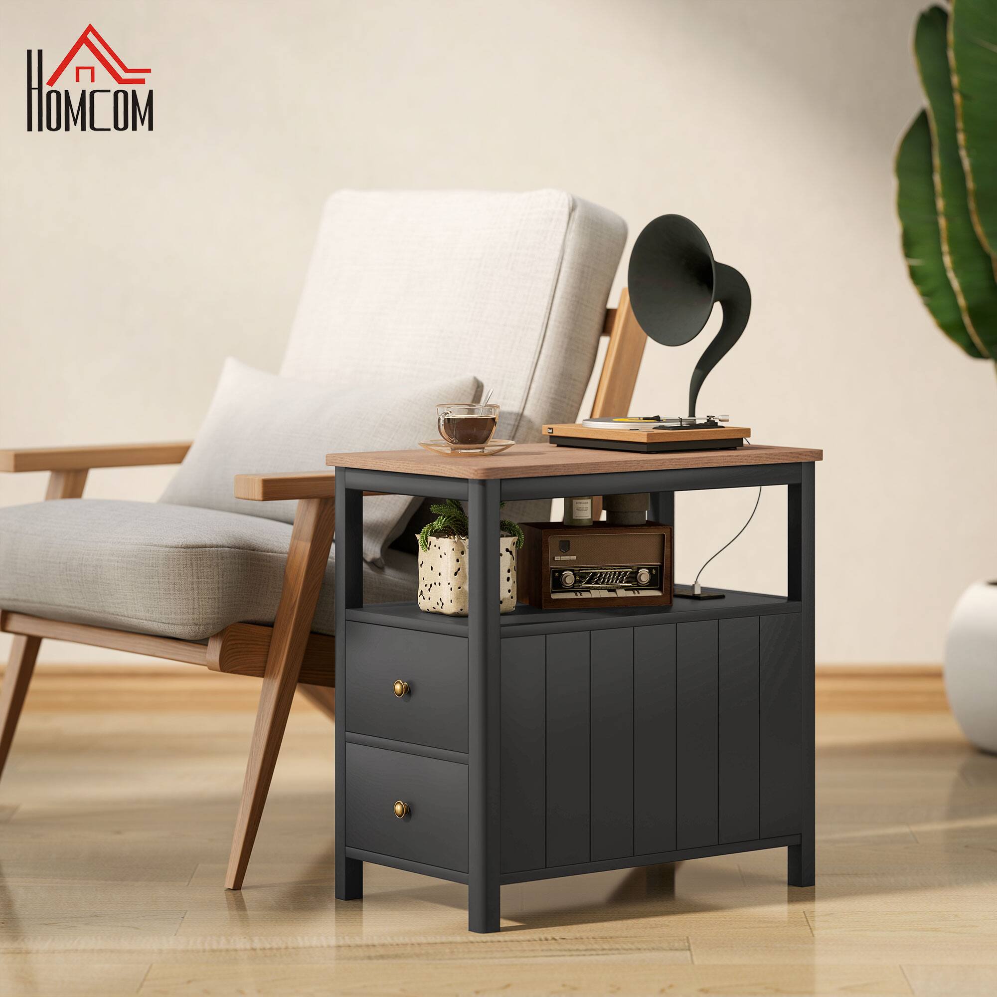 Alt View 2. Homcom - Modern End Table with Charging Station and USB Ports, Narrow Side Table with Drawers & Shelf for Living Room - Black.