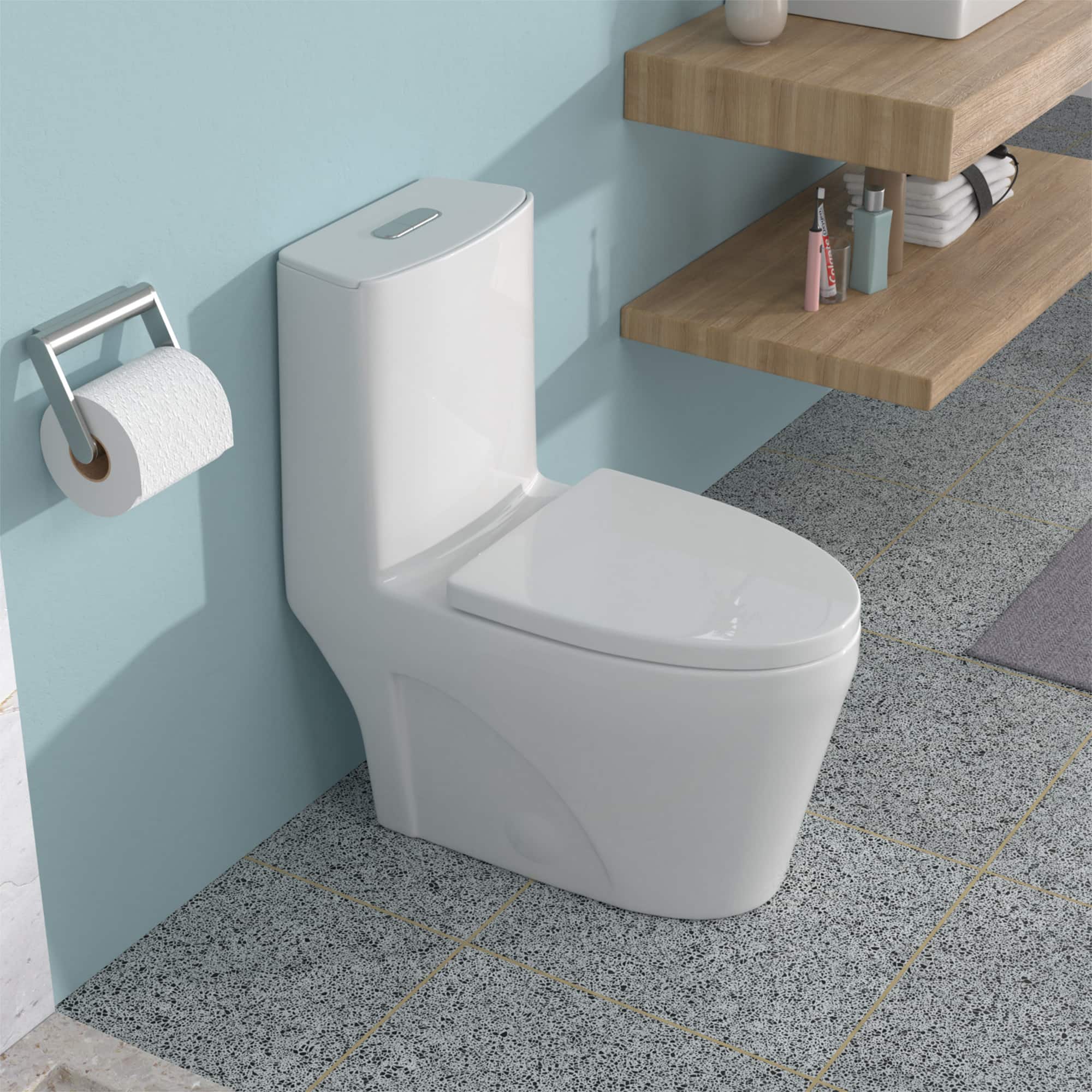 TinyHomie - Ceramic One Piece Toilet for Bathroom 12 inch Rough In 12416 GPF Dual Flush with Soft Closing Seat Powerful Dual Flush - White