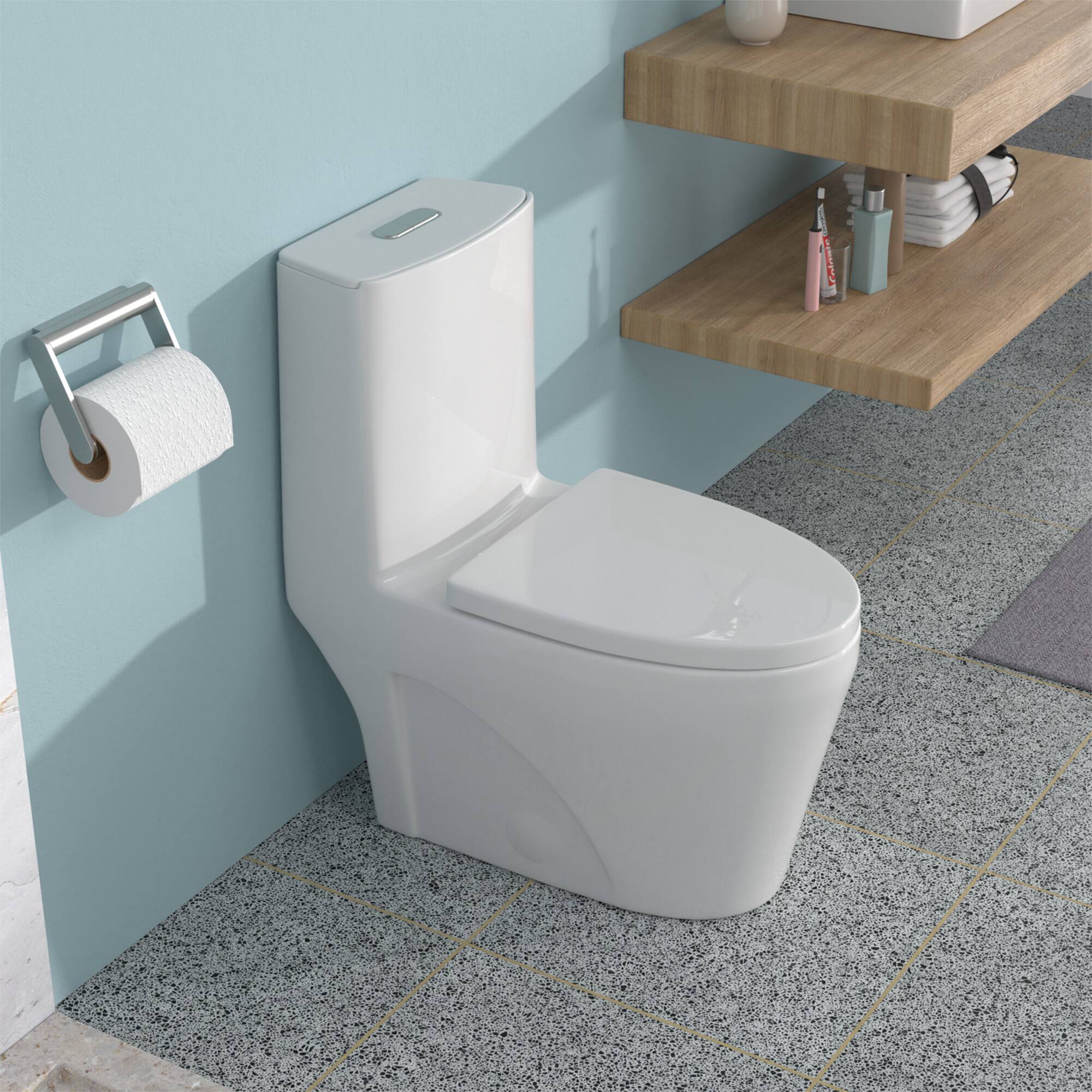Front. TinyHomie - Ceramic One Piece Toilet for Bathroom 12 inch Rough In 12416 GPF Dual Flush with Soft Closing Seat Powerful Dual Flush - White.