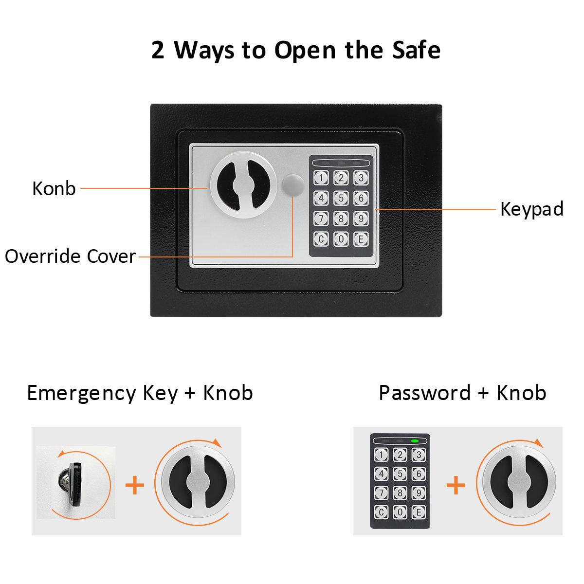 2 Ways to Open the Safe

1. Emergency Key + Knob
2. Password + Knob

- Konb
- Override Cover
- Keypad