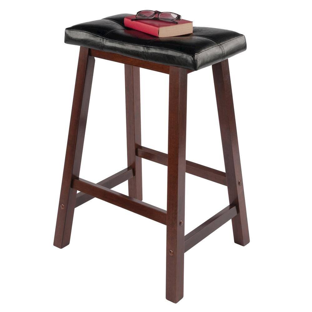 Back. FurniFact - Black Faux Leather Saddle Seat Bar Stool, 24 Inch Counter Height Kitchen Stool - Walnut / Black.