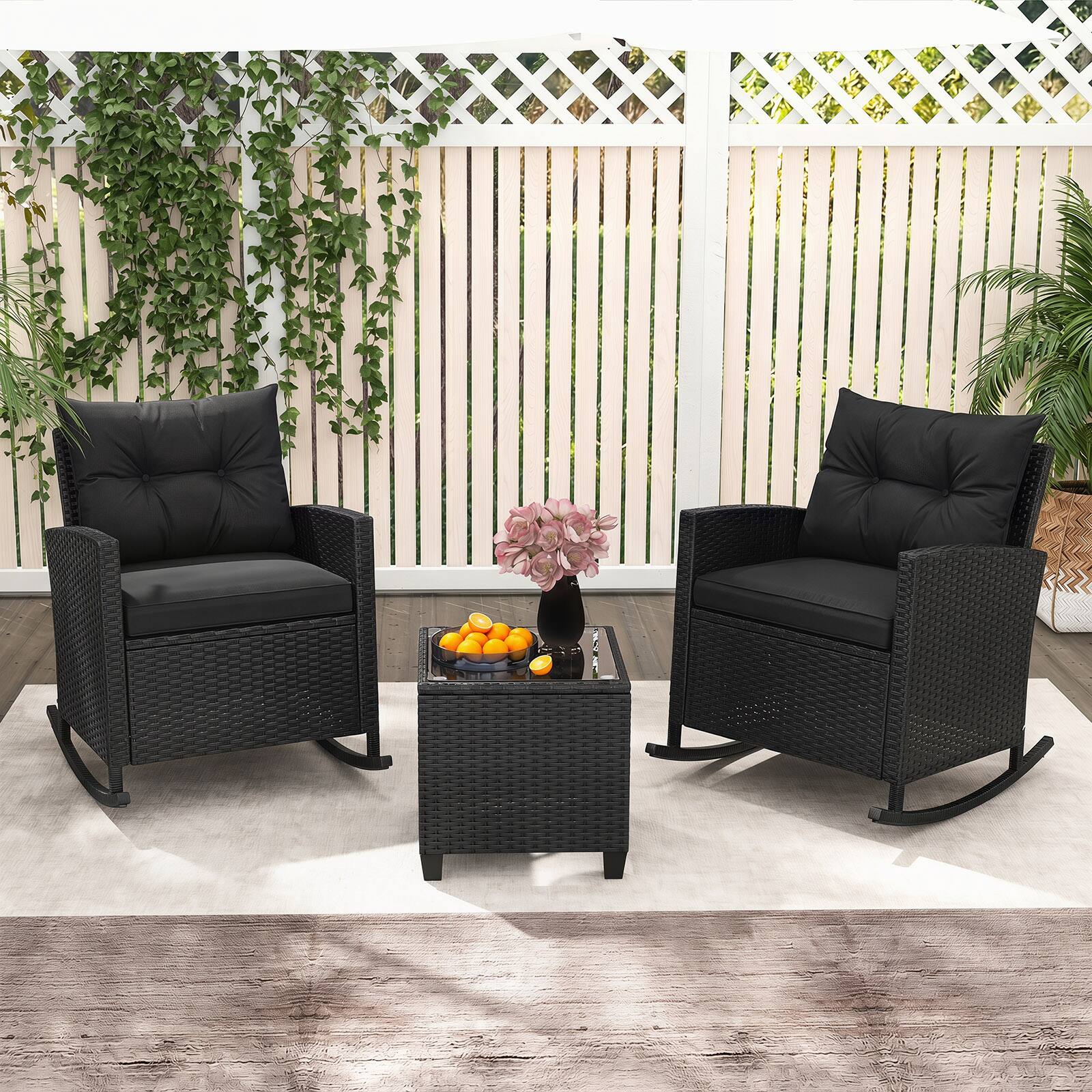 Alt View 1. Costway - Costway 3 PCS Patio Wicker Rocking Set with Tempered Glass Table & Soft Cushions Outdoor - Black + Black.
