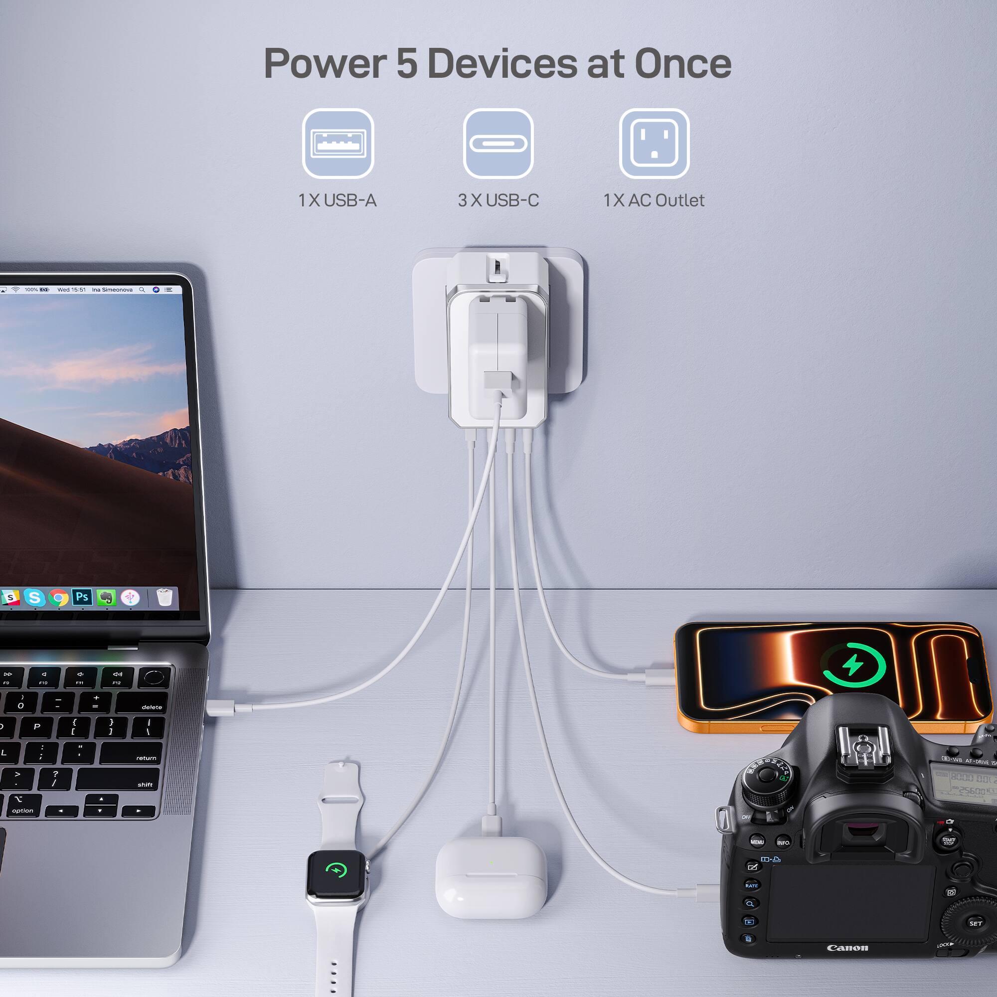 Power 5 Devices at Once  
1X USB-A  
3X USB-C  
1X AC Outlet