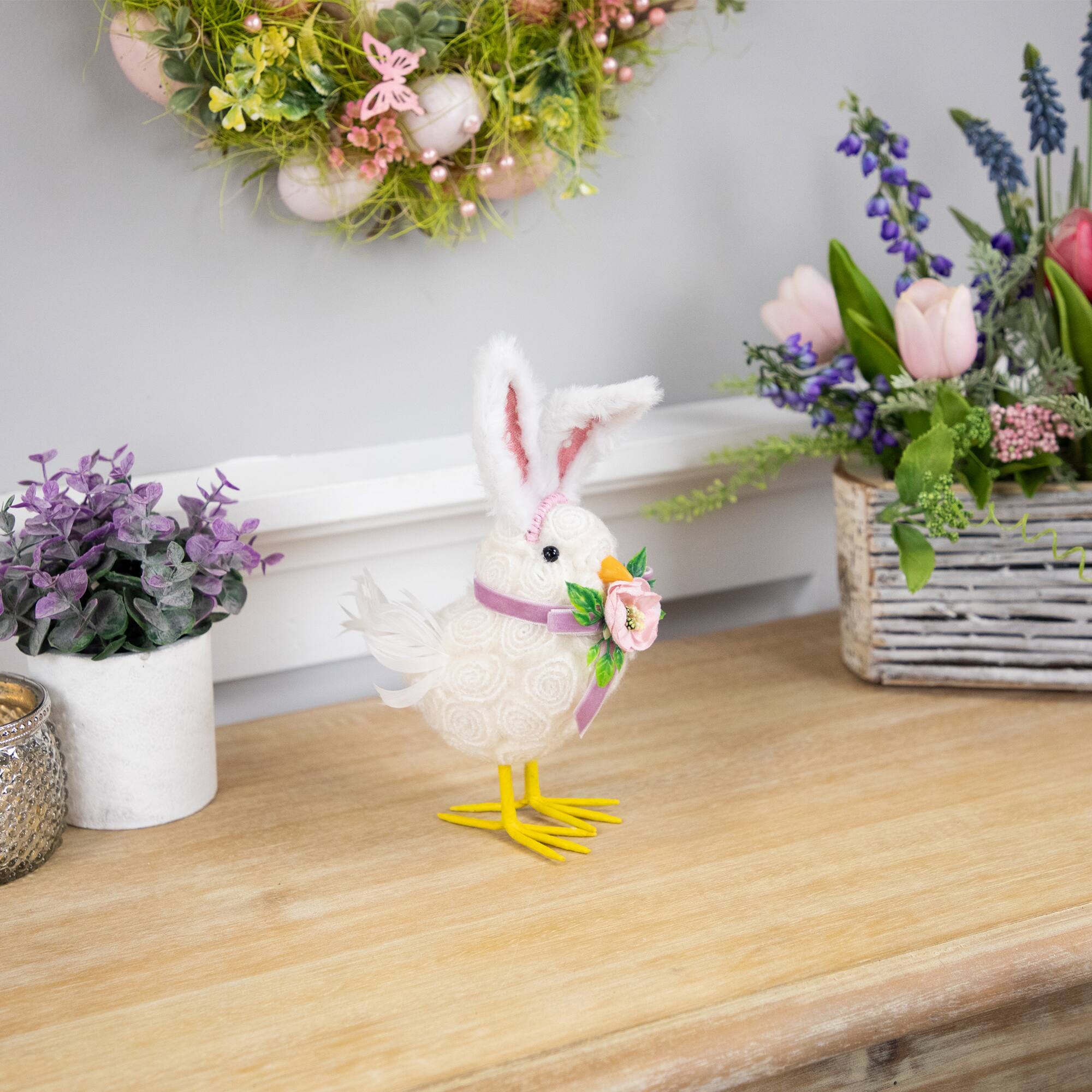 Alt View 2. Northlight - Floral Easter Chick with Polka Dot Faux Fur Rabbit Ears Figurine - 8.75" - White.