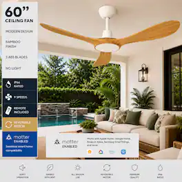 ENLIGHT - 60" Smart Ceiling Fan, IP66 Outdoor/Coastal, Weather Resist, Efficient & Quiet DC Motor, Reverse Mode, Matter, 3 Blades - Bamboo Woodgrain