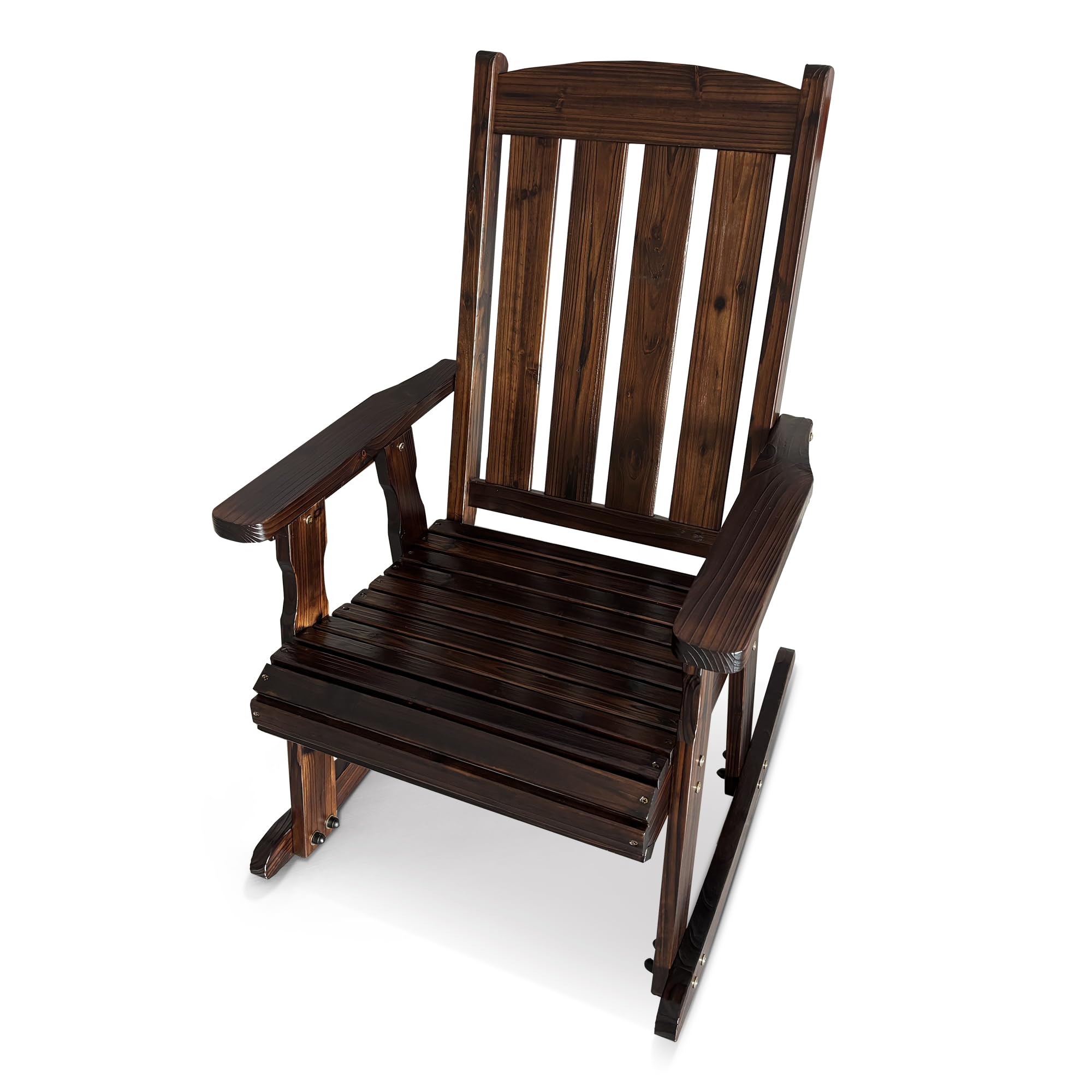 Angle. Fortune Candy - Wooden Patio Rocking Chair with Comfortable Backrest and Deep Contoured Seat, for Both Outdoor and Indoor - Deep Brown.