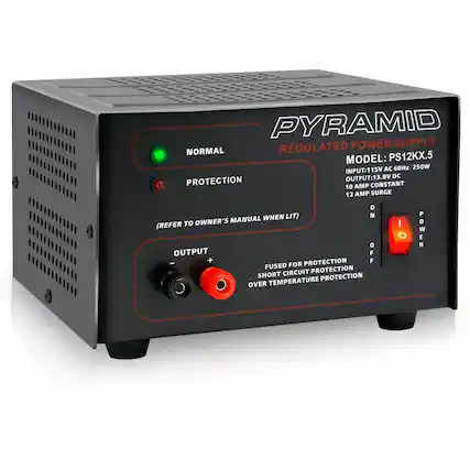 PYRAMID REGULATED POWER SUPPLY
MODEL: PS12KX.5
AC 60Hz 250W
INPUT: 115V
OUTPUT: 13.8V DC
10 AMP CONSTANT
12 AMP SURGE
NORMAL
PROTECTION (REFER TO OWNER'S MANUAL WHEN LIT)
FUSED FOR PROTECTION
SHORT CIRCUIT PROTECTION
OVER TEMPERATURE PROTECTION
OUTPUT
+
-
POWER
ON
OFF
O
N
P
O
W
E
R