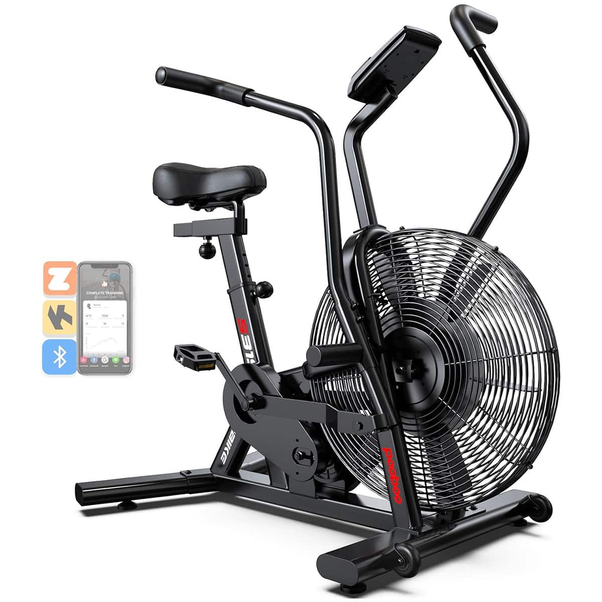 Pooboo - Exercise Bike for Home Gym, Air Resistance Bluetooth Fan Bike w/Dual Acction Handlebars & Dual-Layer Transmission - Black