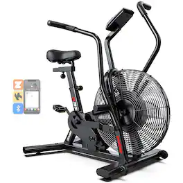 Pooboo - Exercise Bike for Home Gym, Air Resistance Bluetooth Fan Bike w/Dual Acction Handlebars & Dual-Layer Transmission - Black