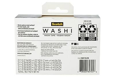 Sure, here is the corrected and grouped text from the image:

---

**Scotch Washi**

**WASHI TAPE • RUBAN WASHI**

Works easily on most surfaces. For best results, visit www.scotchbrand.com/washi

Fonctionne facilement sur la plupart des surfaces. Pour de meilleurs résultats, visitez le site Web www.scotchbrand.com/washi

---

**USA & CAN**

**PAPER BOX INSERT**

**BOITE EN CARTON**

---

**QUESTIONS? CALL 1-800-328-4207**

**DES QUESTIONS? APPELLEZ 1-800-328-4207**

---

**2 x 0.27 IN/PO x 4.37 YD/V (7 mm x 4 m) EA/CH**

**2 x 0.39 IN/PO x 4.37 YD/V (10 mm x 4 m) EA/CH**

**5 x 0.39 IN/PO x 7.65 YD/V (10 mm x 7 m) EA/CH**

**2 x 0