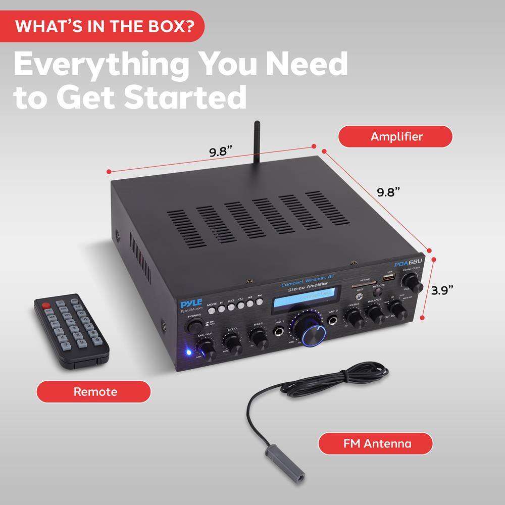 WHAT'S IN THE BOX?

Everything You Need to Get Started

- Amplifier
- Remote
- FM Antenna

9.8" x 9.8" x 3.9"