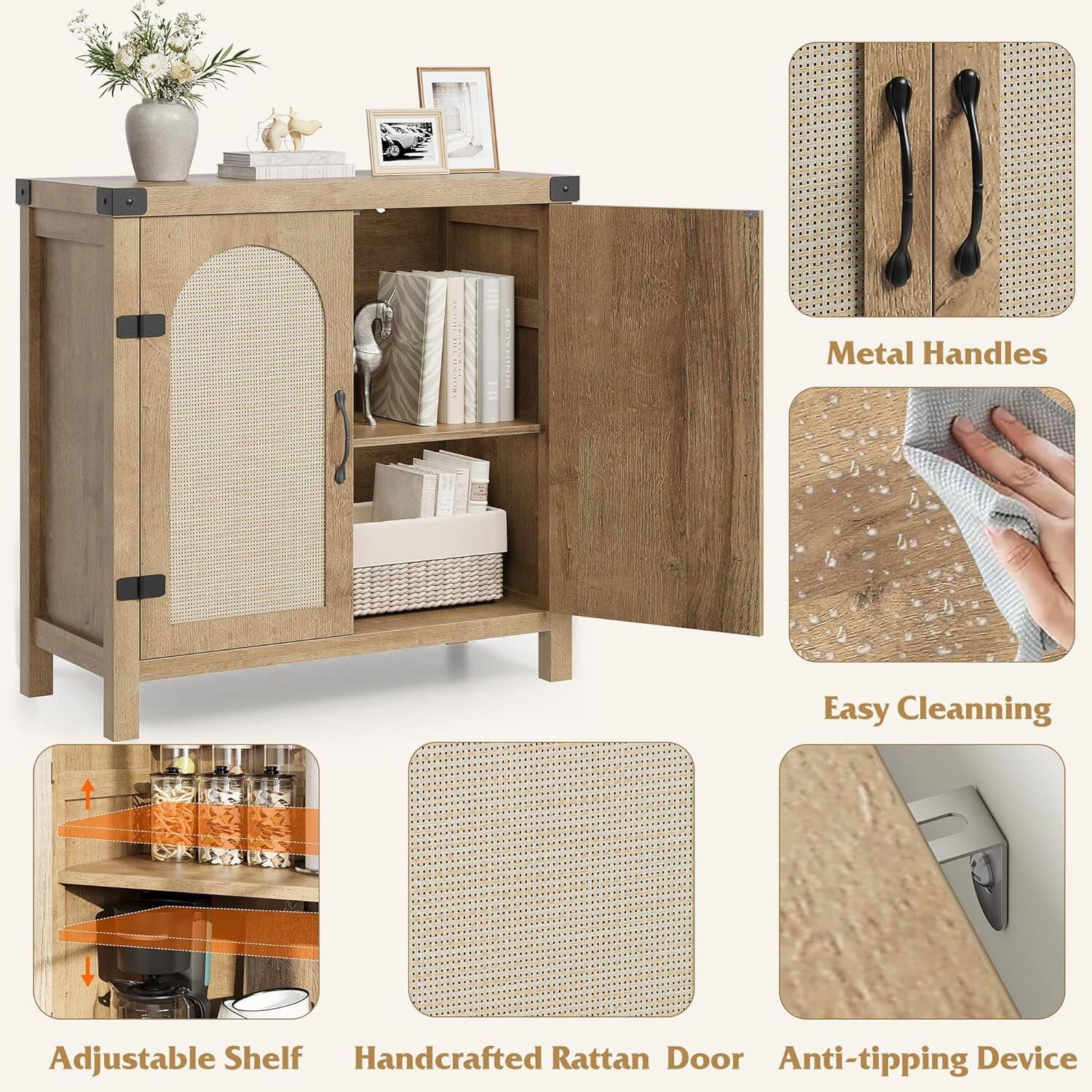 - Metal Handles
- Easy Cleaning
- Adjustable Shelf
- Handcrafted Rattan Door
- Anti-tipping Device