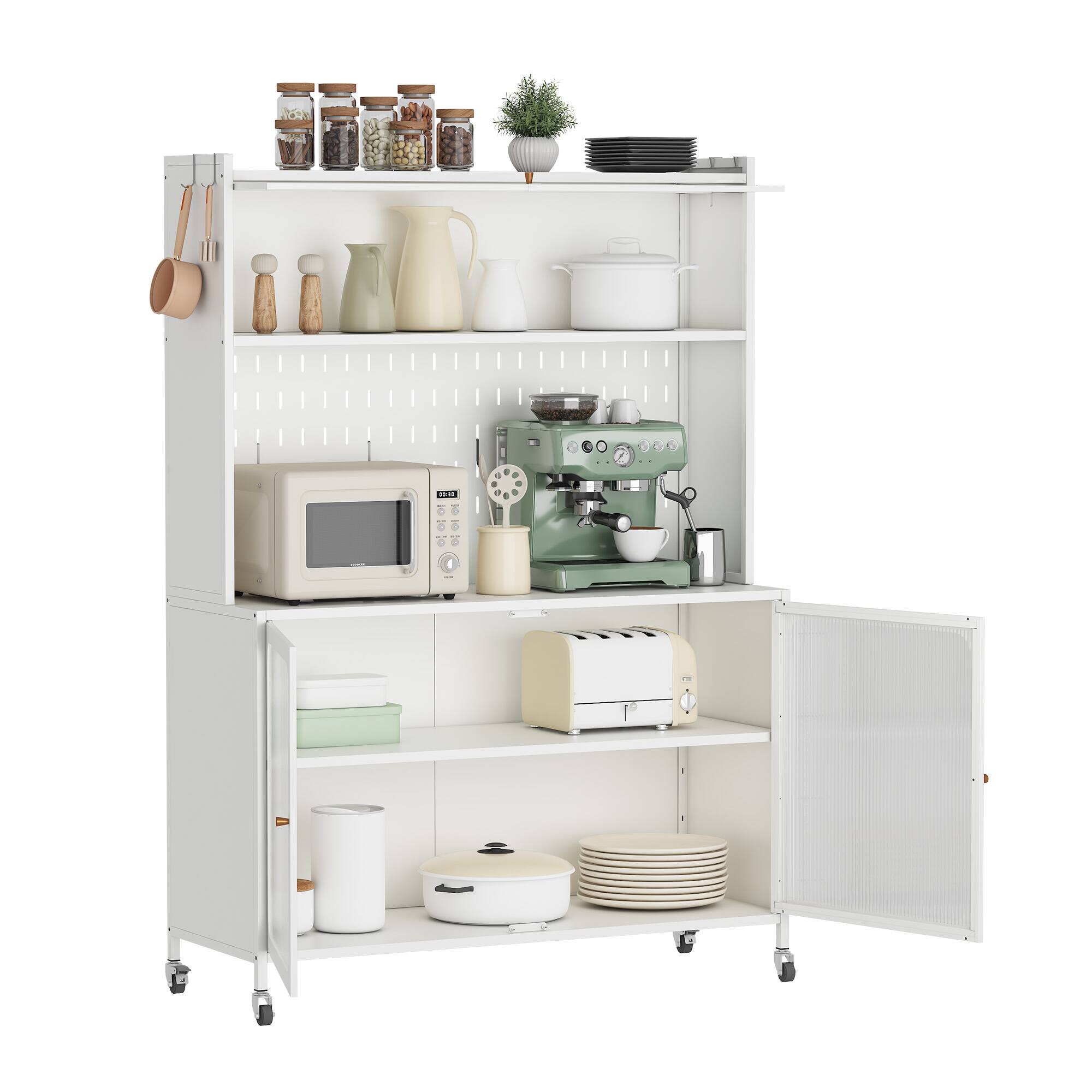 Angle. Dexmalle - Dexmalle-Kitchen Storage Cabinet with Glass Doors,Pegboard and Adjustable Shelves,Microwave Stand-White - White.