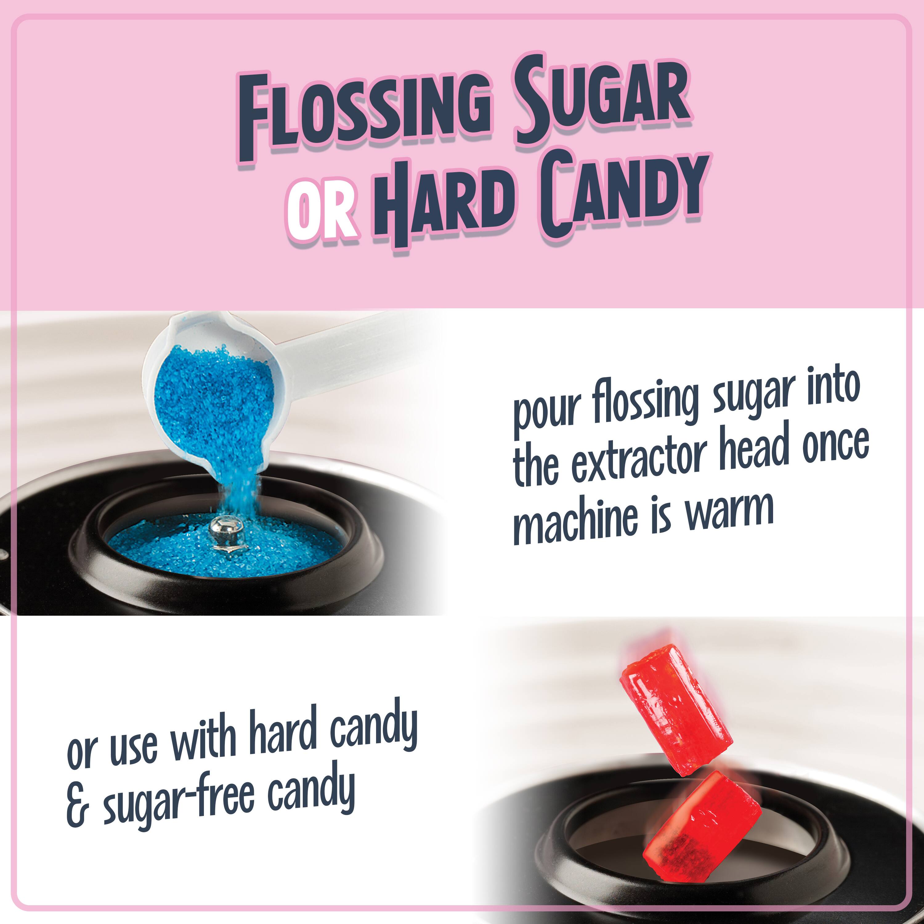 Flossing Sugar or Hard Candy

pour flossing sugar into the extractor head once machine is warm

or use with hard candy & sugar-free candy