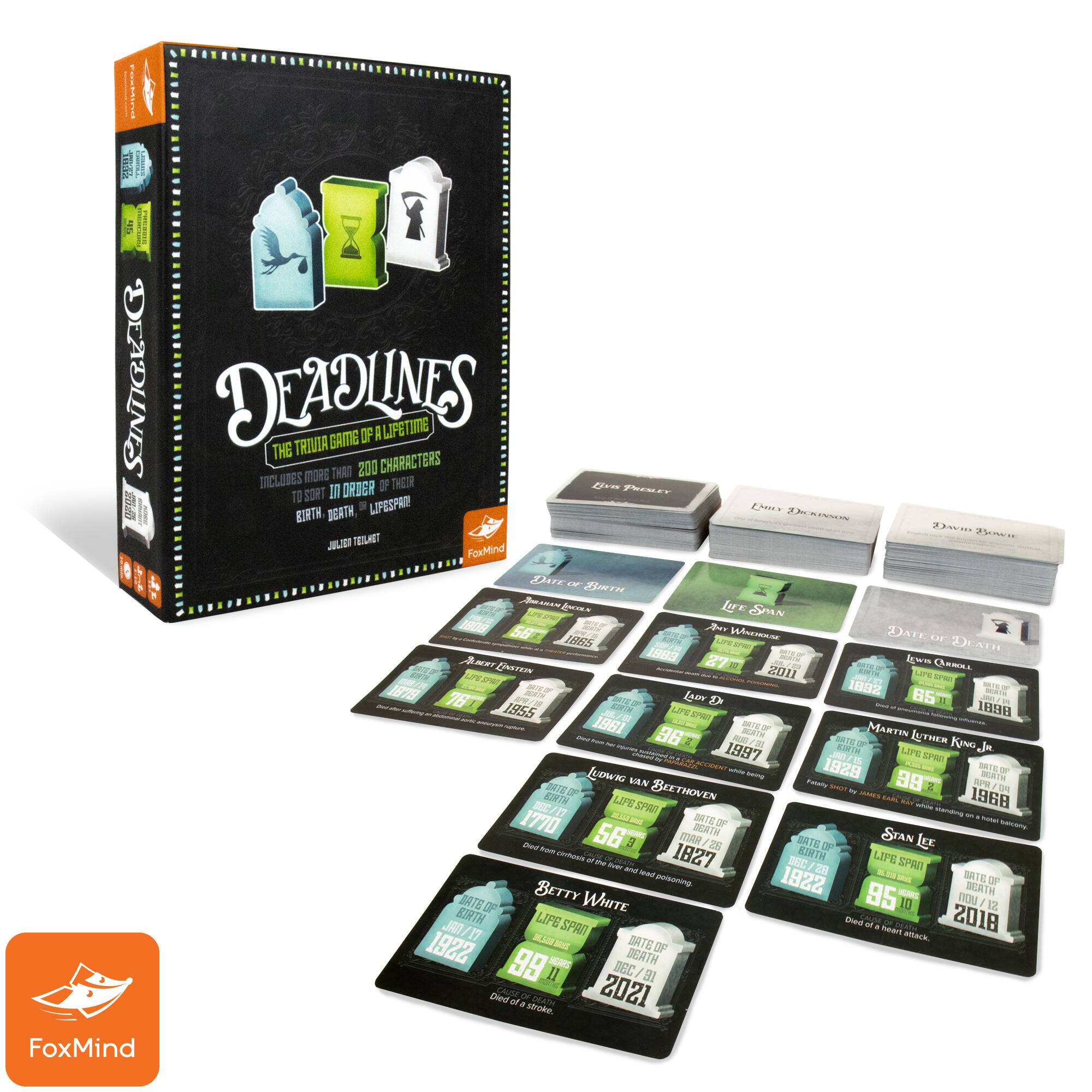 Deadlines is a game that is loved by many people. It features 200 cards with trivia questions about the lives of famous people. The game comes with a booklet that contains 100 cards, and players can sort the cards by birth date or by the order of the cards. The game is designed by FoxMind and has a 2011 copyright. It is a fun and engaging way to learn about the lives of various famous individuals.