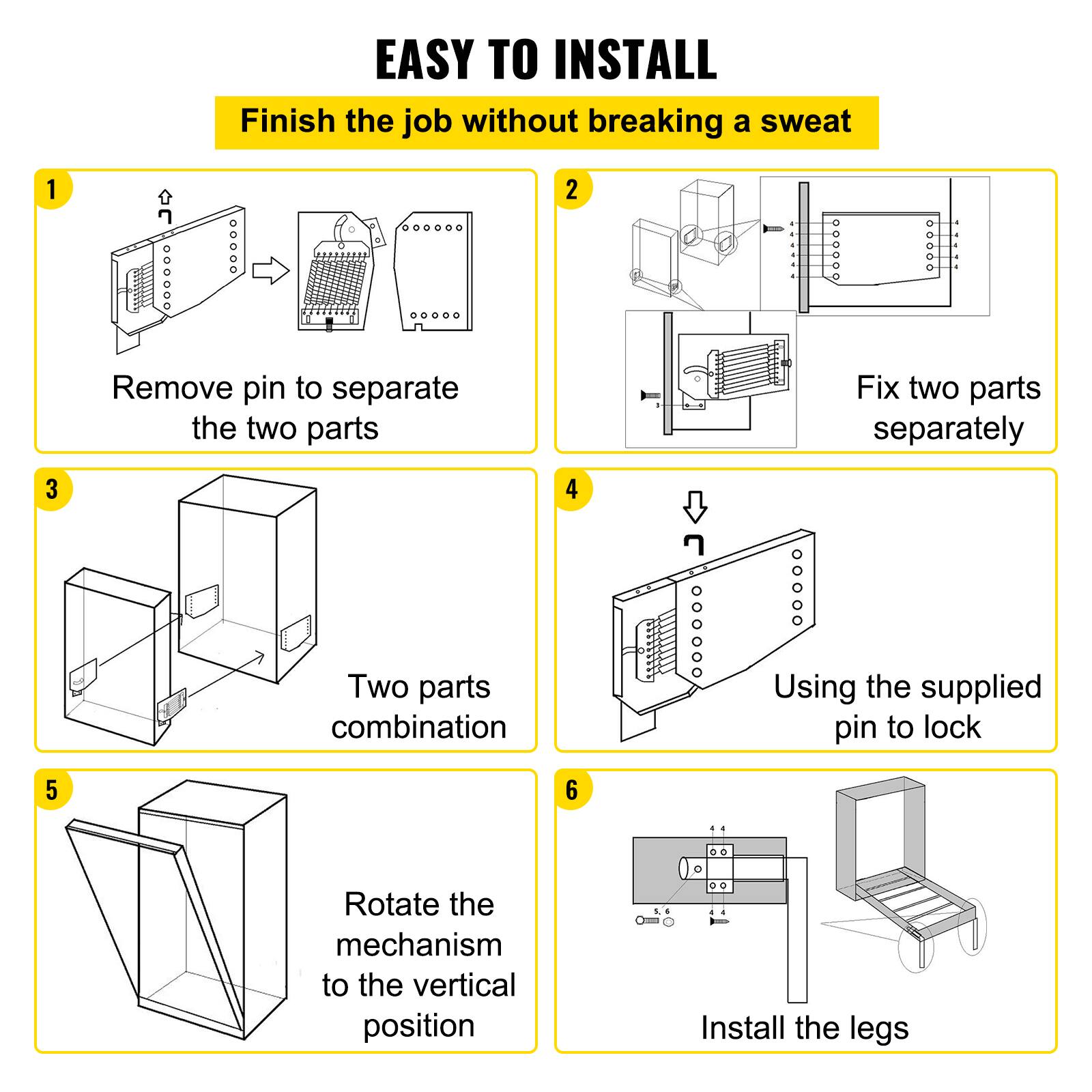 EASY TO INSTALL  
Finish the job without breaking a sweat  

1. Remove pin to separate the two parts  
2. Fix two parts separately  
3. Two parts combination  
4. Using the supplied pin to lock  
5. Rotate the mechanism to the vertical position  
6. Install the legs