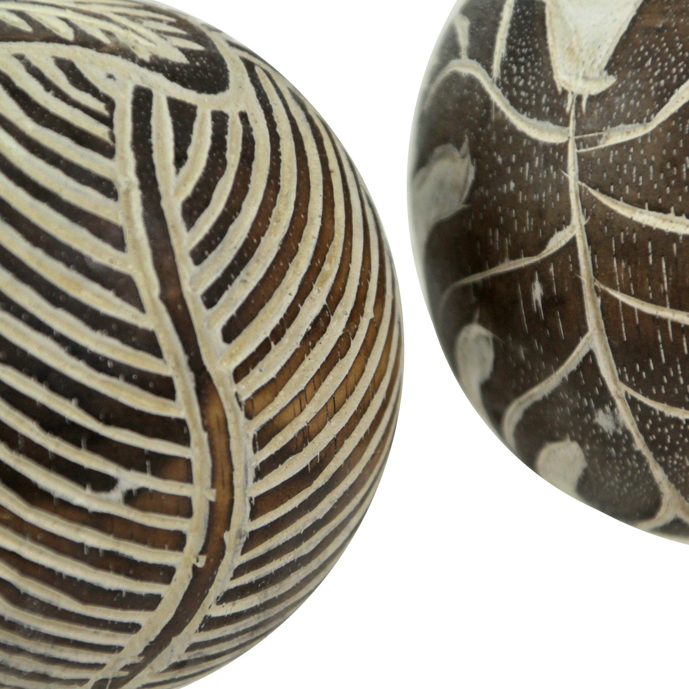 Alt View 3. Zeckos - Set of 3 Whitewashed Carved Tropical Leaf Solid Wood Decor Balls For Centerpieces and Tabletop Displays 4 Inch Diameter - White.