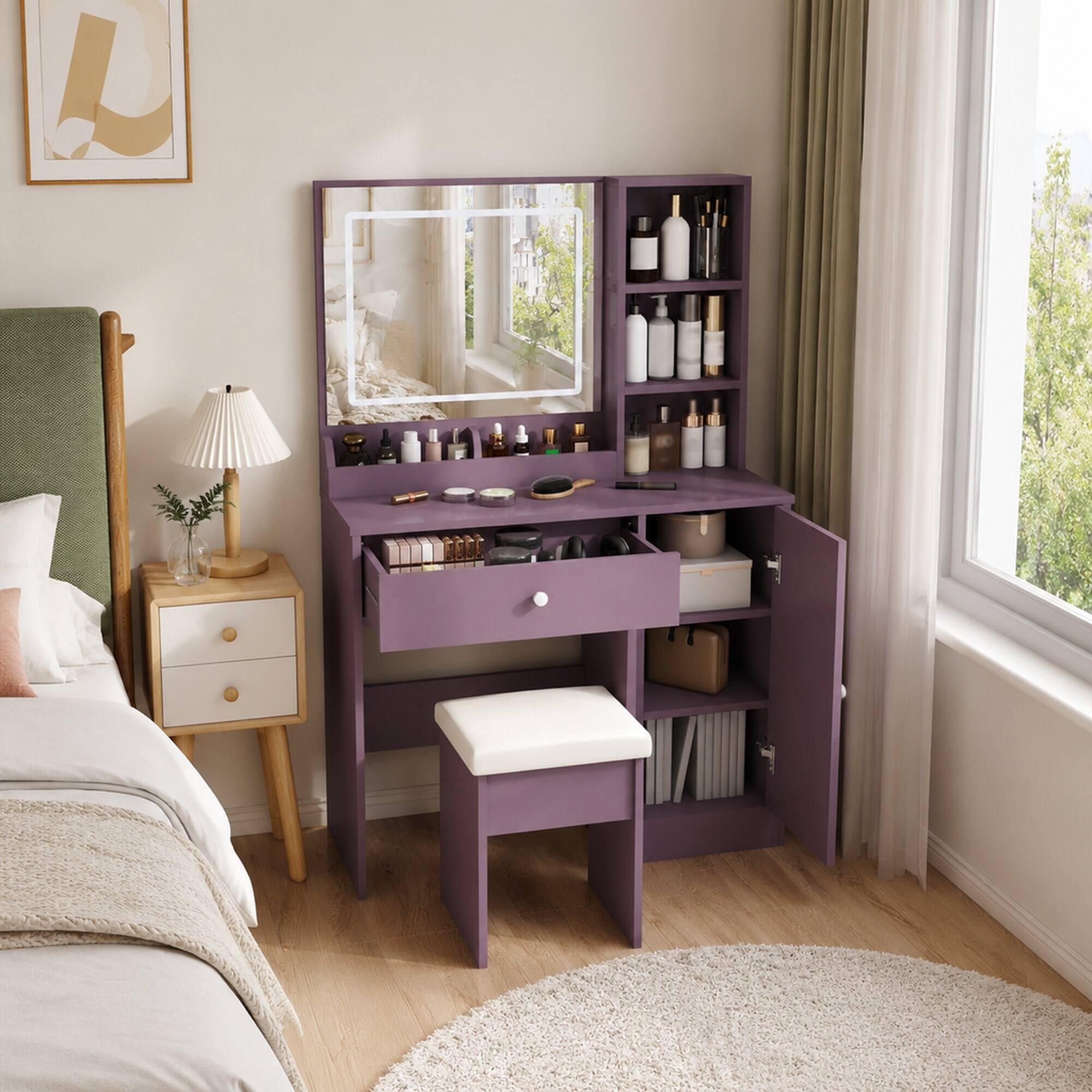 Back. RYHNUYNE - Purple Vanity Desk Set, Padded Stool, 3-Color LED Mirror, Drawer and Storage Locker, MDF Makeup Station for Bedroom - Purple.