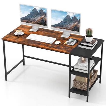 Front. Pefilos - 55 Inch Modern Industrial Style Study Writing Desk with 2 Storage Shelves-Brown, Office Desk, Desks, Working, Writing - Brown.
