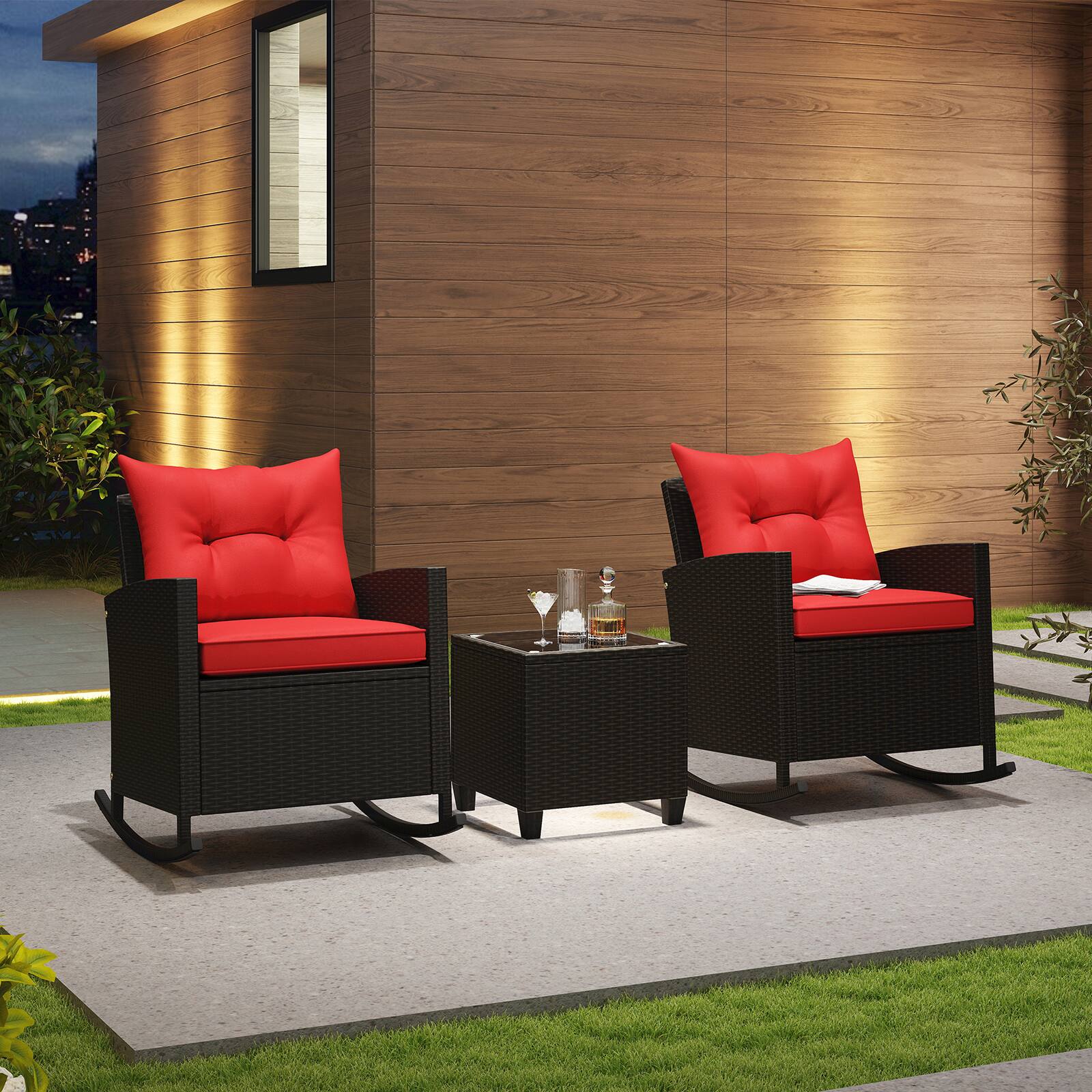 Alt View 3. Gymax - Gymax Set of 3 Wicker Rocking Set w/ Tempered Glass Table Patio Outdoor Red - Red.