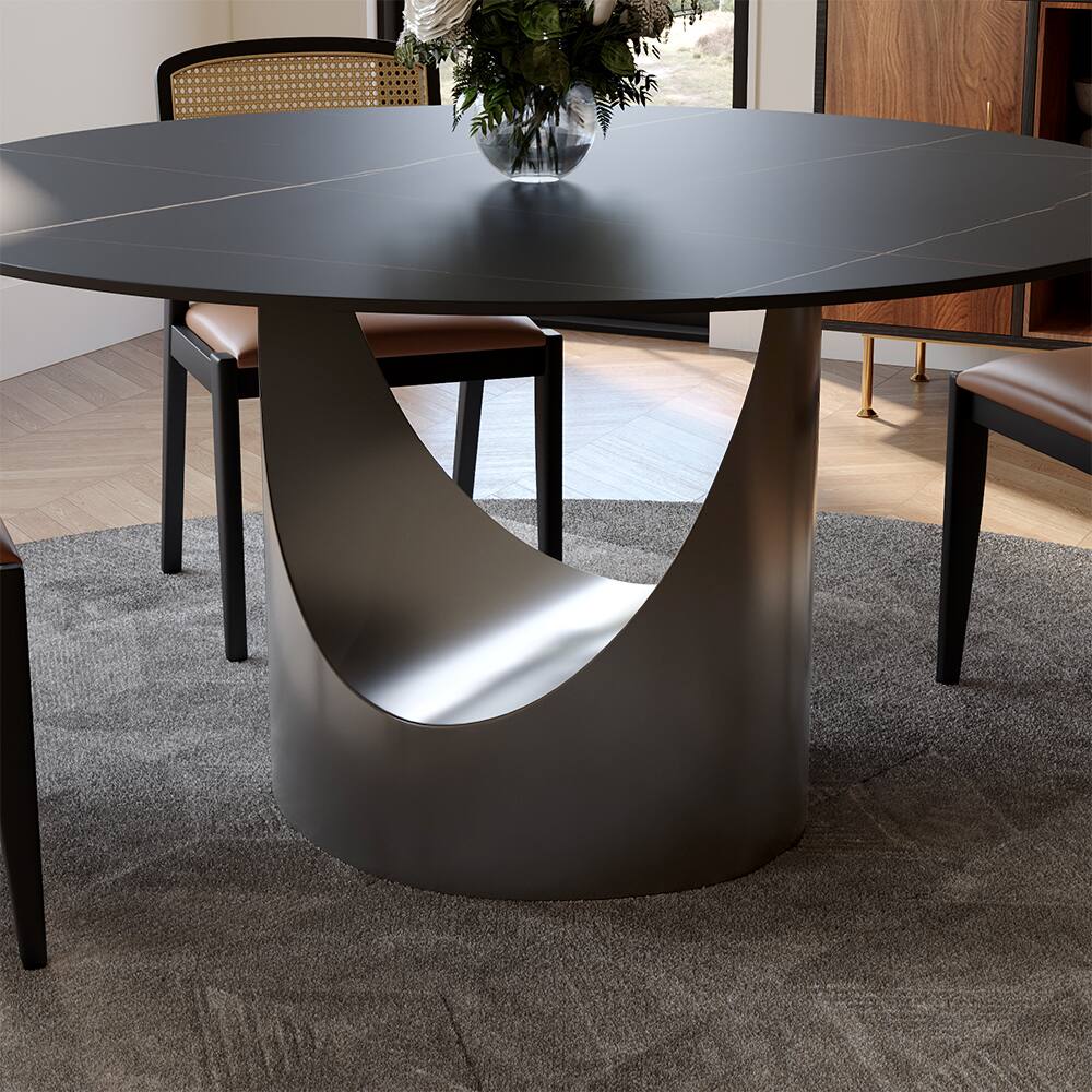 Alt View 2. POVISON - 51" Round Dining Table Black Matte Sintered Stone with U-shaped Gray Steel Base - Black Matte Sintered Stone with Gray Steel Base.